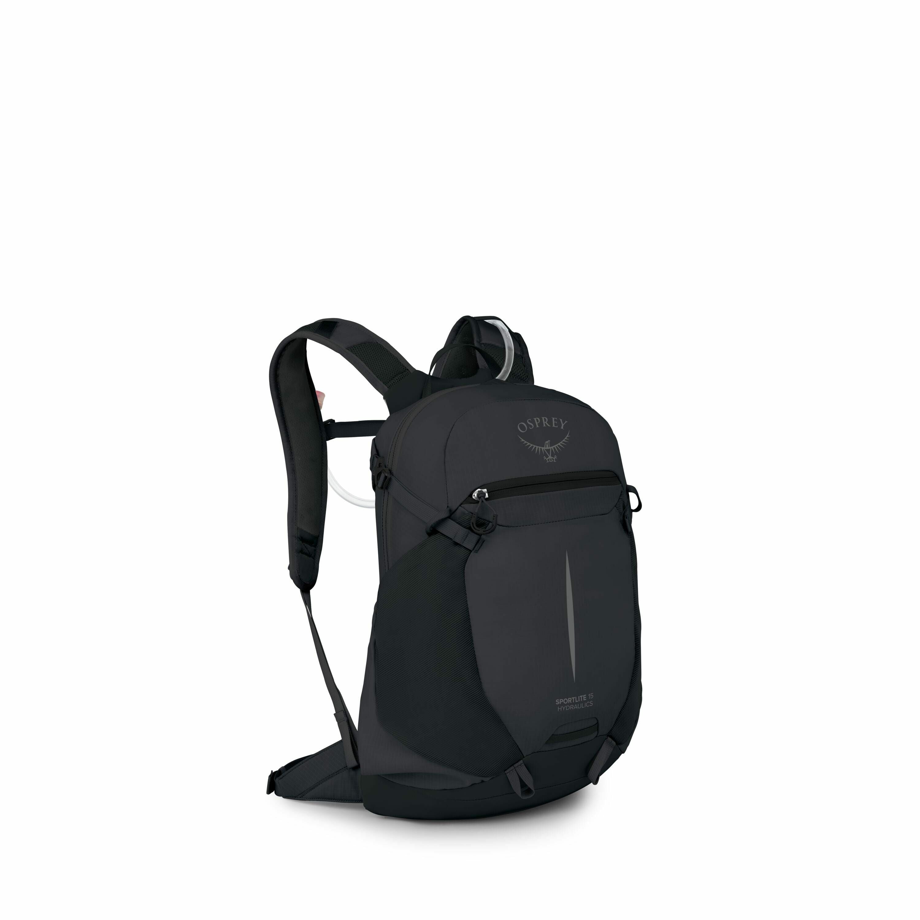 The image displays a black Osprey backpack positioned at a slight angle, providing a side view that showcases the backpack's straps, padding, and compartments. The backpack features the Osprey logo prominently near the top, above the main zipper compartme