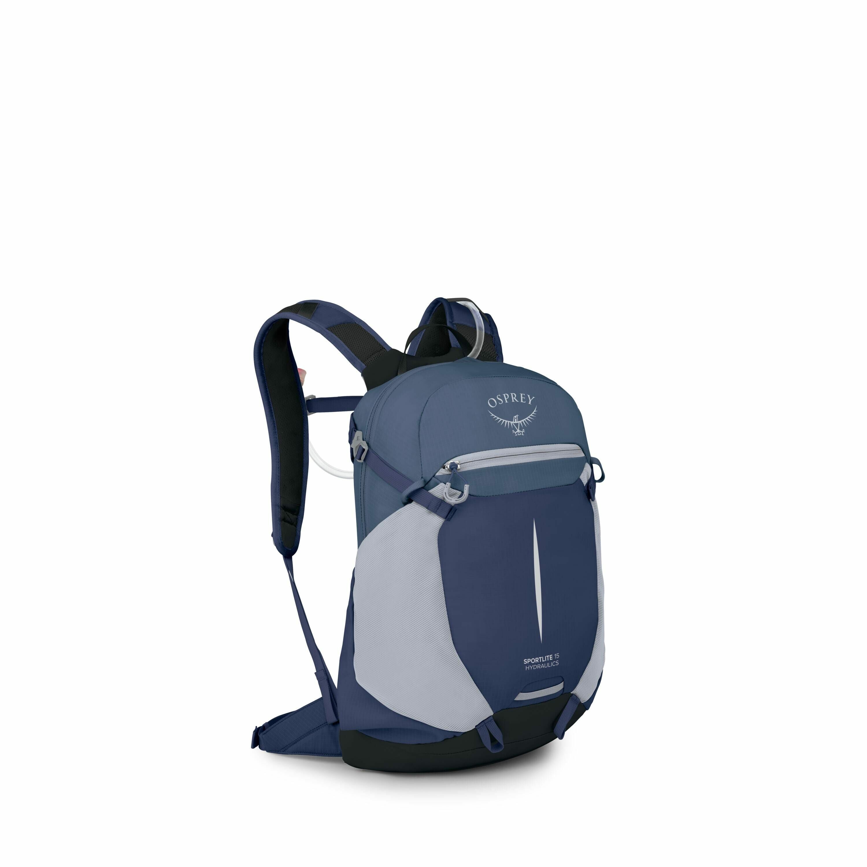The image features a sleek Osprey Sportlite 15 backpack in a combination of navy blue and light gray colors. The backpack displays the Osprey logo on its top front section, which includes an icon resembling the silhouette of an osprey bird in flight. Desi