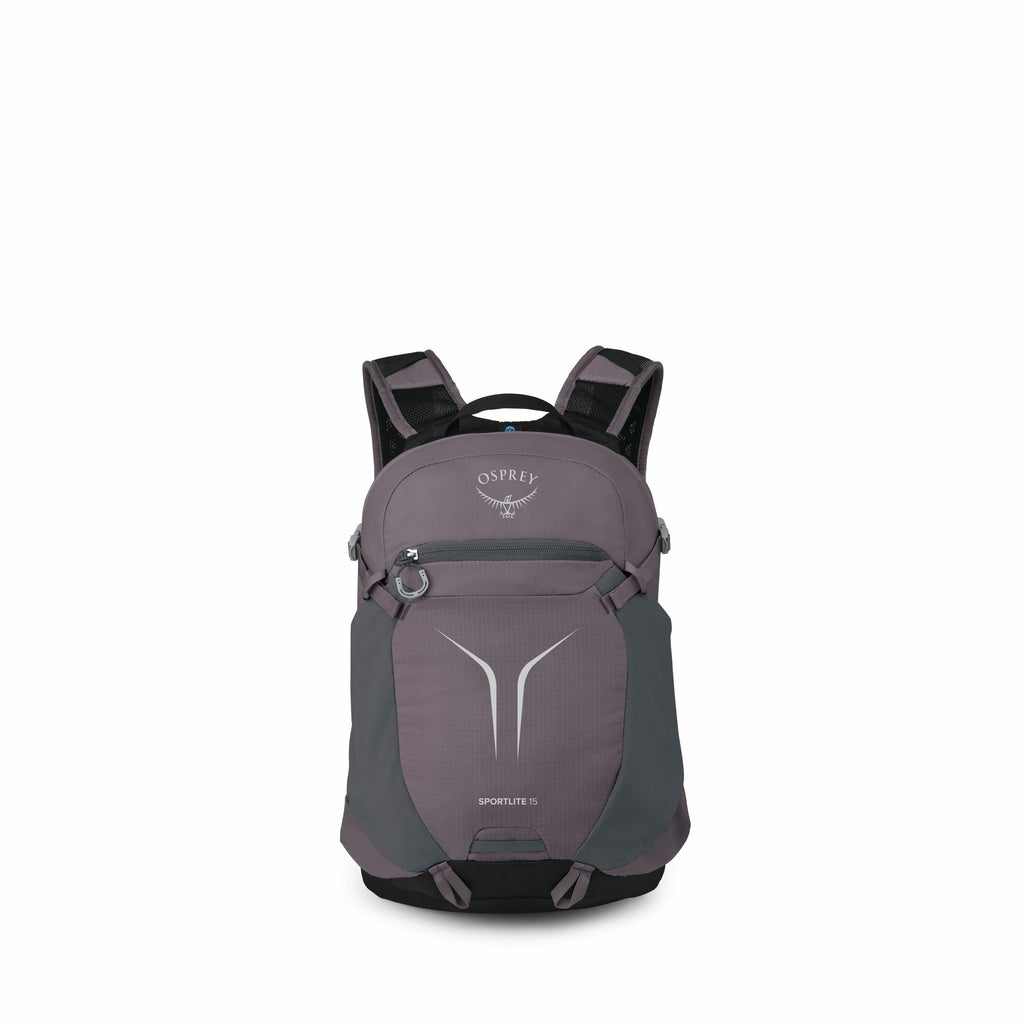 The images depict a backpack from various angles and in different levels of disassembly. The backpack is from the brand "Osprey" and is named "SPORTLITE 15," which is visible on the front of the backpack. The backpack is a mix of gray and dark green color