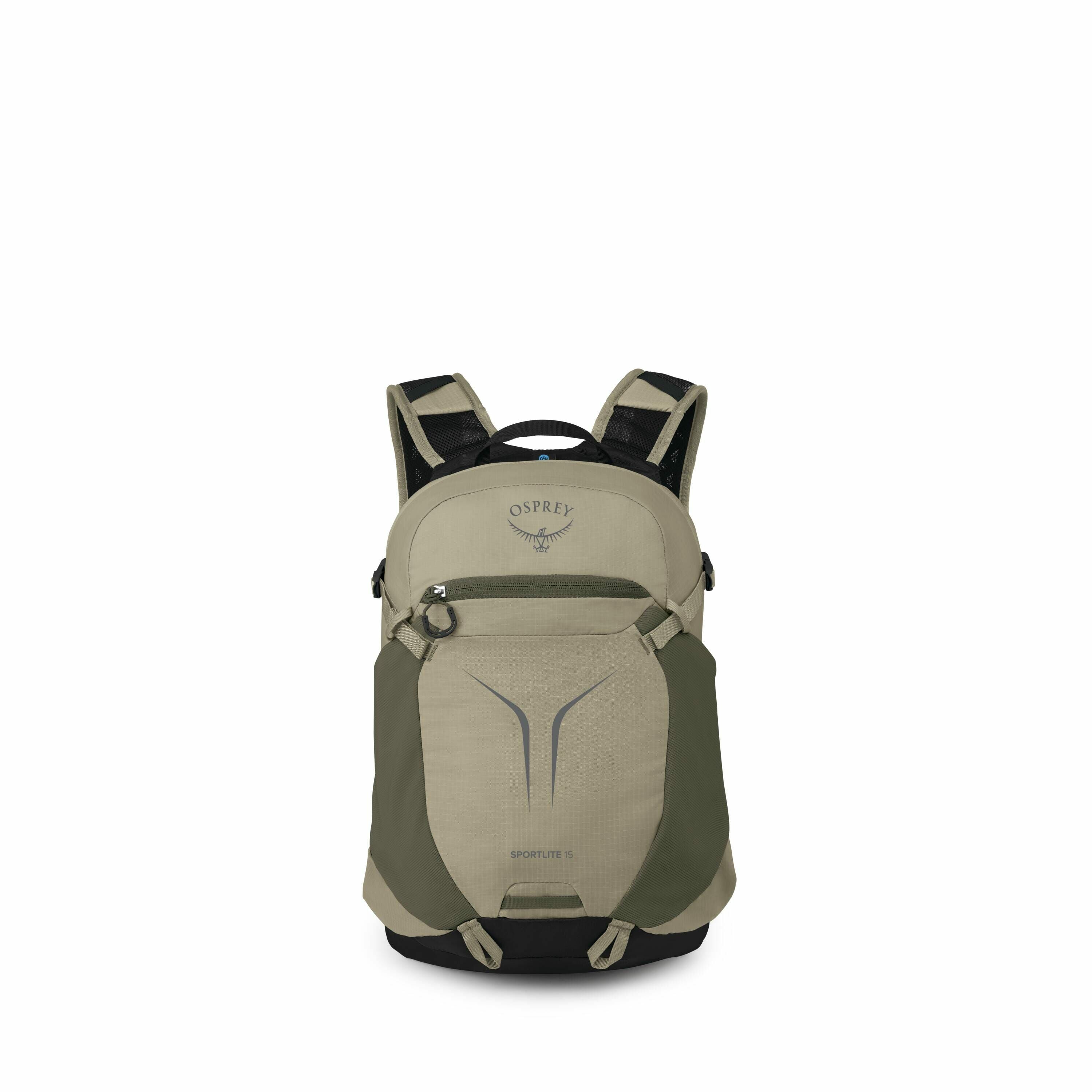 The image showcases an Osprey Sportlite 15 backpack in various views and stages of assembly. In the first image, the backpack is fully assembled and predominantly features a two-tone color scheme with lighter and darker shades of green. The subsequent ima