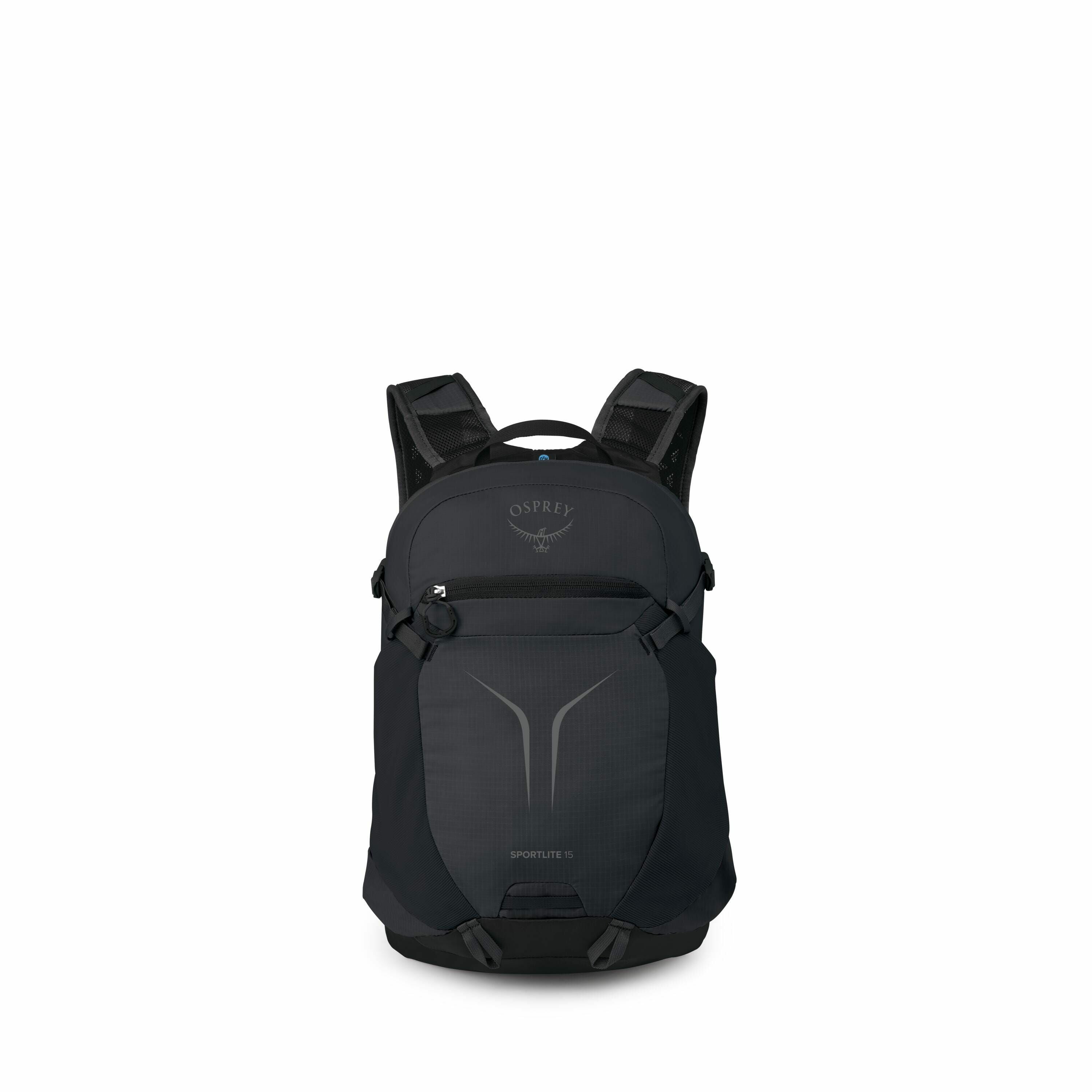 The image showcases an Osprey backpack model named "Sportlite 15." The backpack is primarily black with a subtle gray design pattern on the front, featuring the Osprey logo prominently at the top. It has a compact and sleek design, ideal for light travel