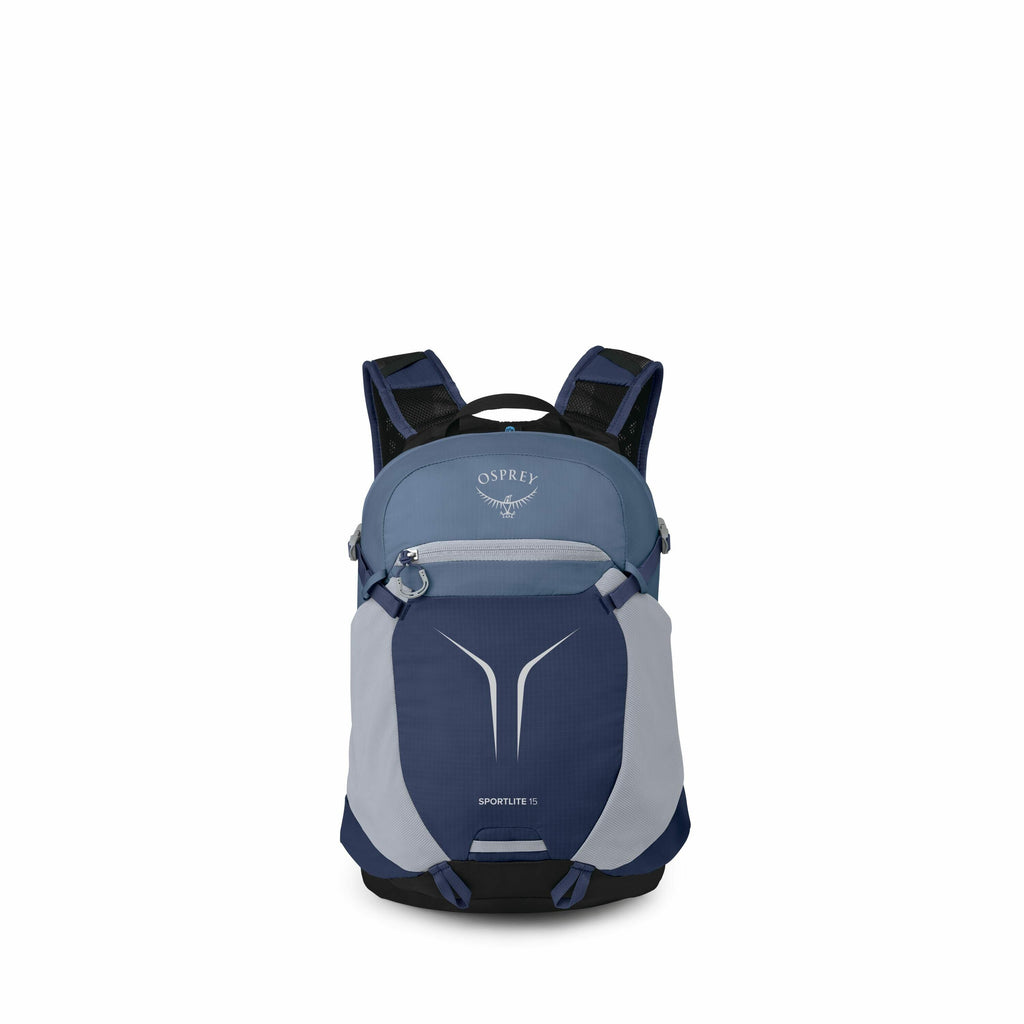 The image sequence shows an Osprey backpack and its individual components, likely in a layered decomposition format. The first image displays a complete Osprey daypack, featuring a blend of light and dark blue colors with a simple, modern design and the "