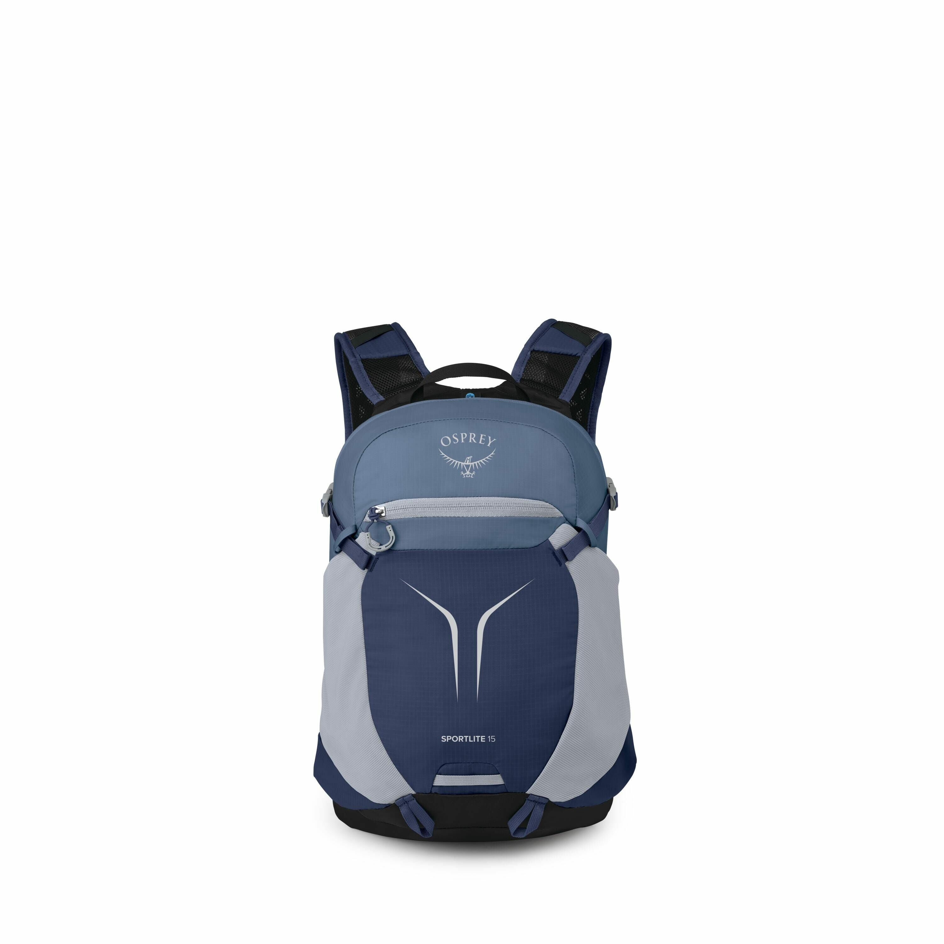 The image sequence shows an Osprey backpack and its individual components, likely in a layered decomposition format. The first image displays a complete Osprey daypack, featuring a blend of light and dark blue colors with a simple, modern design and the "