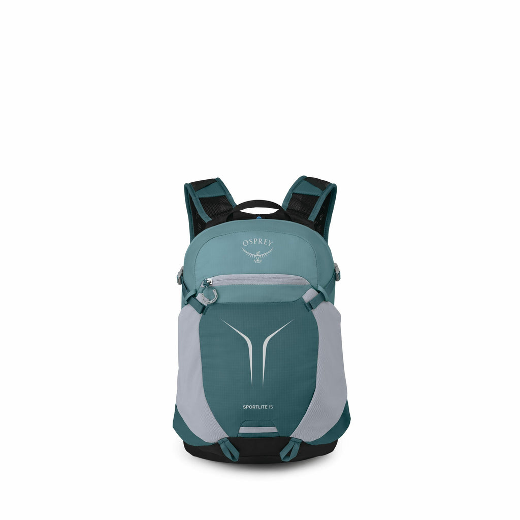 The image showcases an Osprey backpack, specifically the "Sportlite 15" model, in a teal and grey color scheme. It is a compact and versatile backpack designed for outdoor activities. The backpack features multiple compartments, including a main zippered