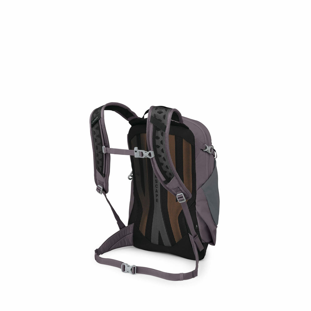 The image depicts a hiking backpack viewed from the back, showcasing its ergonomic design and various straps. The backpack has a dark color scheme, primarily in shades of grey with black and brown accents on the back panel. The shoulder straps and hip bel