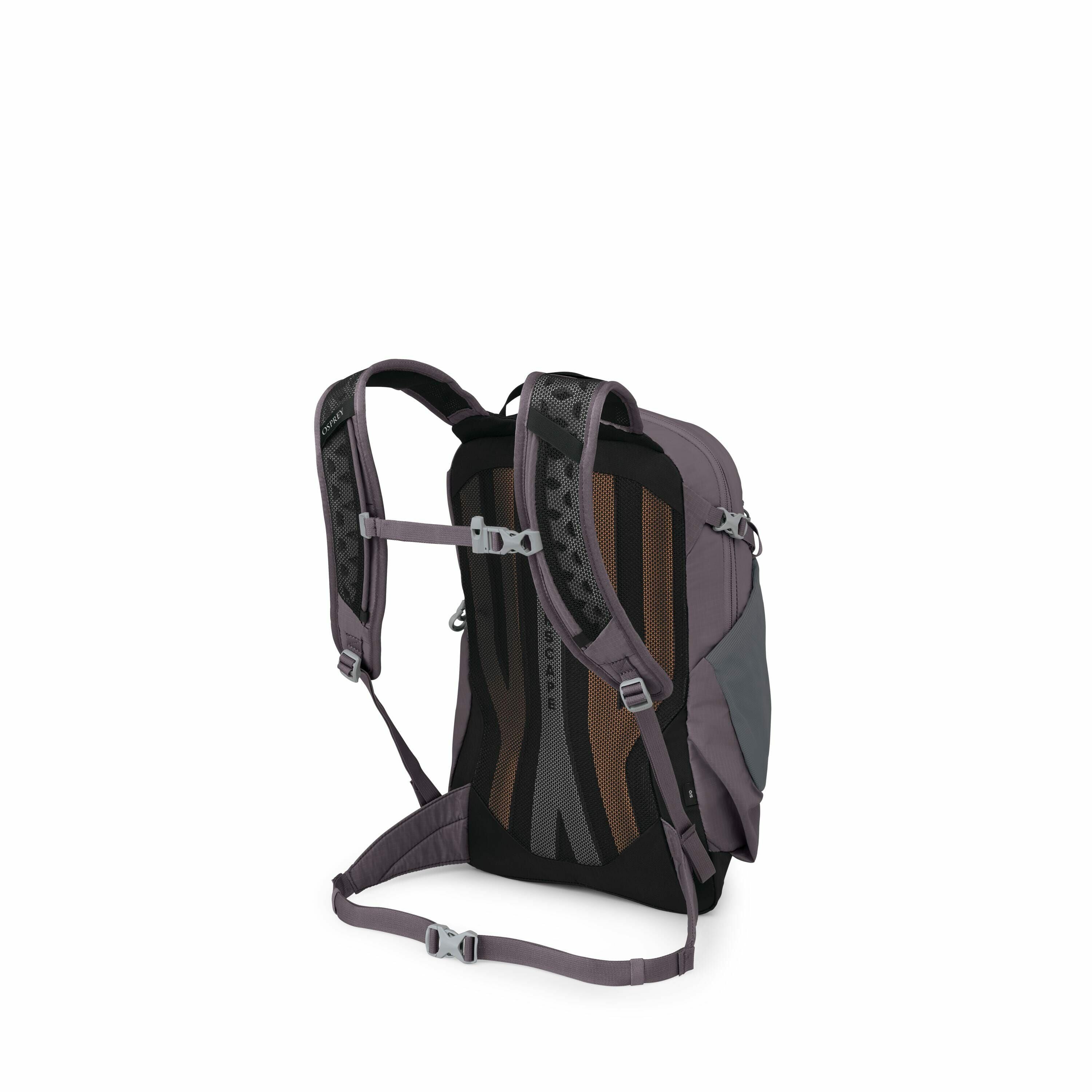 The image depicts a hiking backpack viewed from the back, showcasing its ergonomic design and various straps. The backpack has a dark color scheme, primarily in shades of grey with black and brown accents on the back panel. The shoulder straps and hip bel