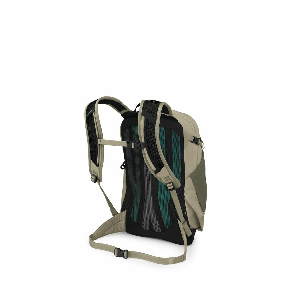 The image showcases a backpack viewed from the back, highlighting its back panel and shoulder straps. The backpack is designed in a muted green tone with black accents and features an ergonomic, contoured back panel for comfort. It includes adjustable pad