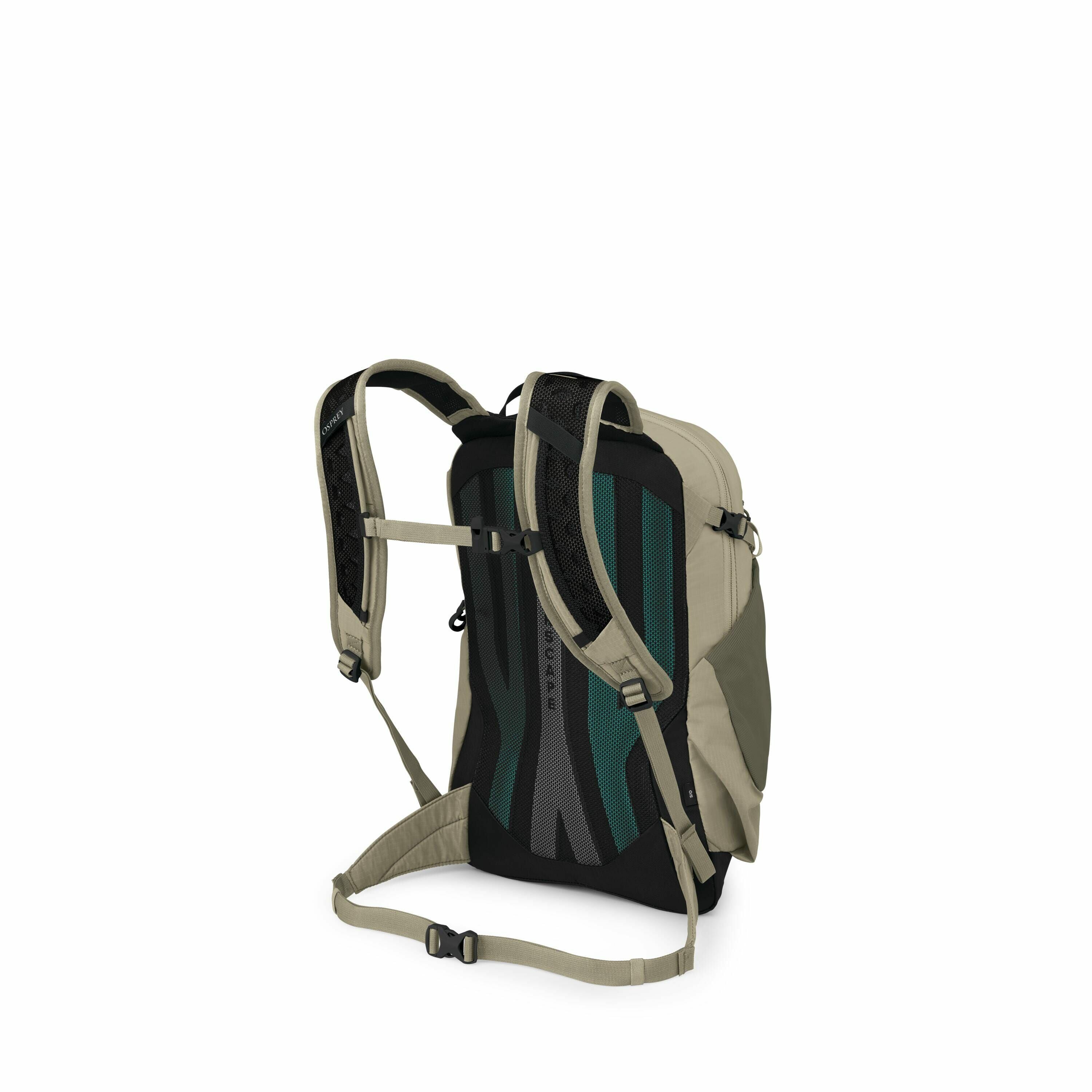 The image showcases a backpack viewed from the back, highlighting its back panel and shoulder straps. The backpack is designed in a muted green tone with black accents and features an ergonomic, contoured back panel for comfort. It includes adjustable pad