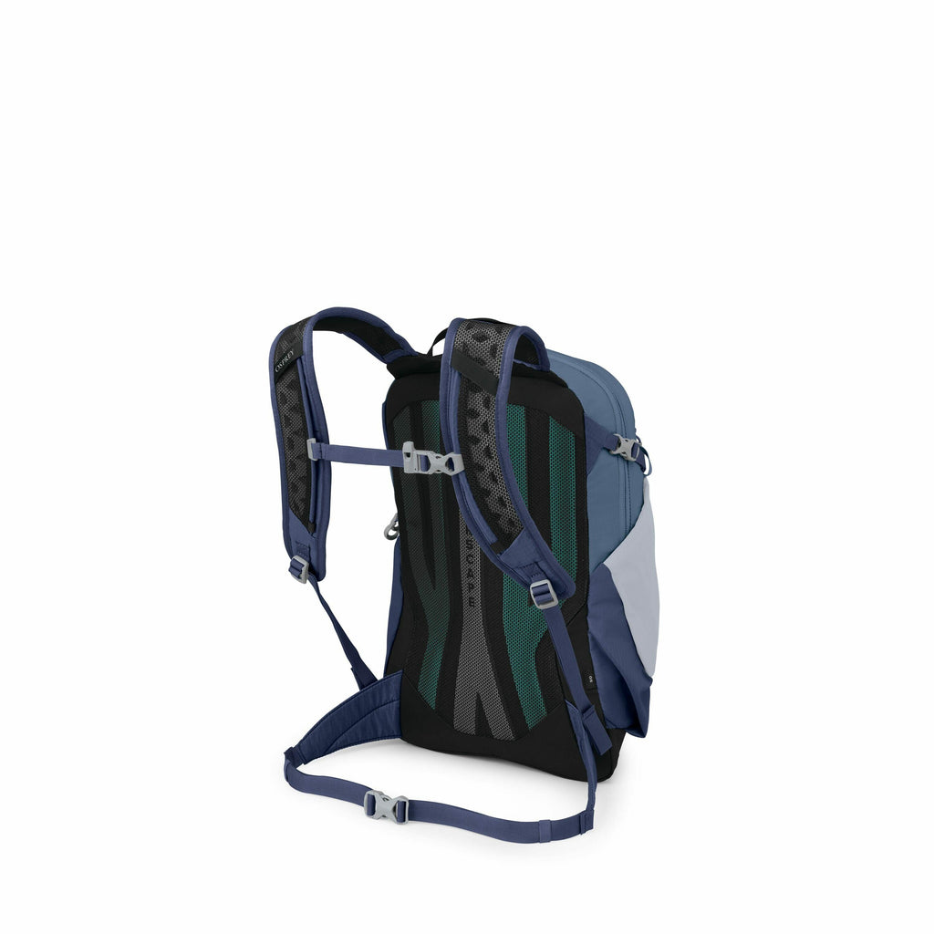 The image shows a dark blue and light gray backpack viewed from the back, highlighting its supportive features. The backpack has padded shoulder straps with a chest strap and a waist belt for added stability and comfort during wear. The back panel has a g