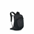 The image displays a dark gray backpack with the logo of "Osprey" prominently featured near the top. The design of the backpack is sleek and compact, suggesting it is intended for light travel or day hikes. It has adjustable shoulder straps and a padded h