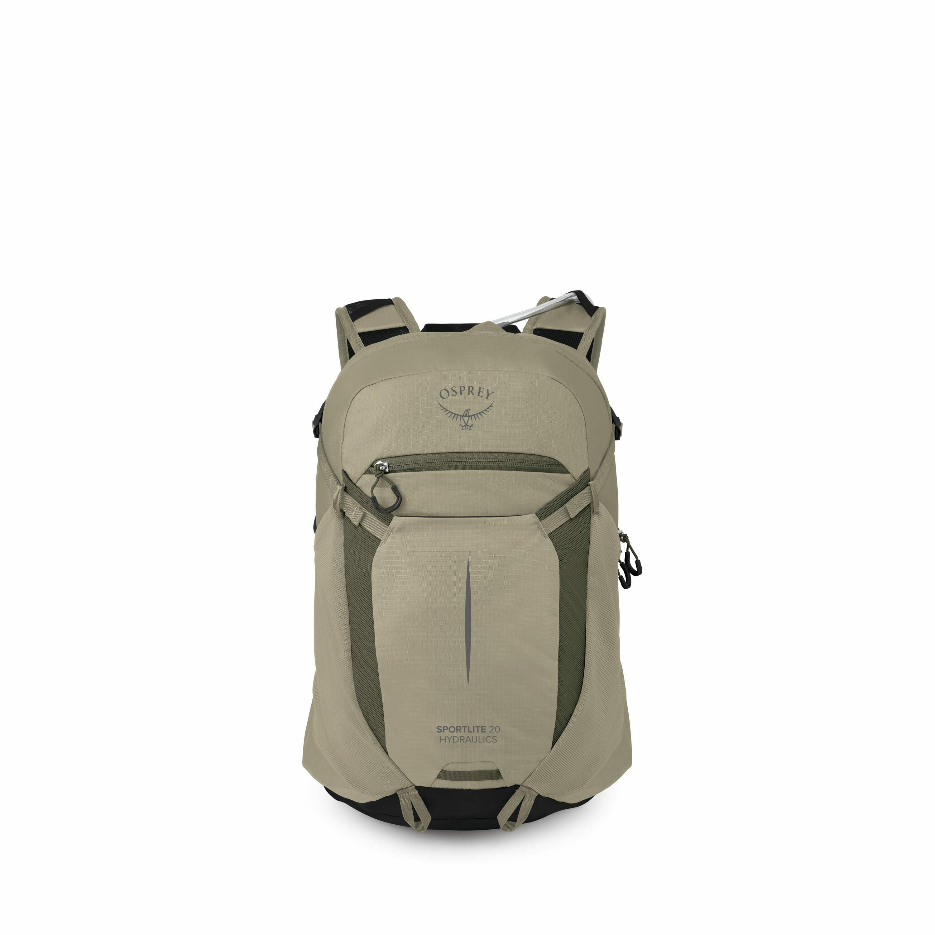 The image showcases an Osprey backpack, specifically the Sportlite 20 Hydraulics model, in a light olive green color with dark green accents. The backpack features a sleek design with a compact, streamlined shape and multiple compartments for storage. The