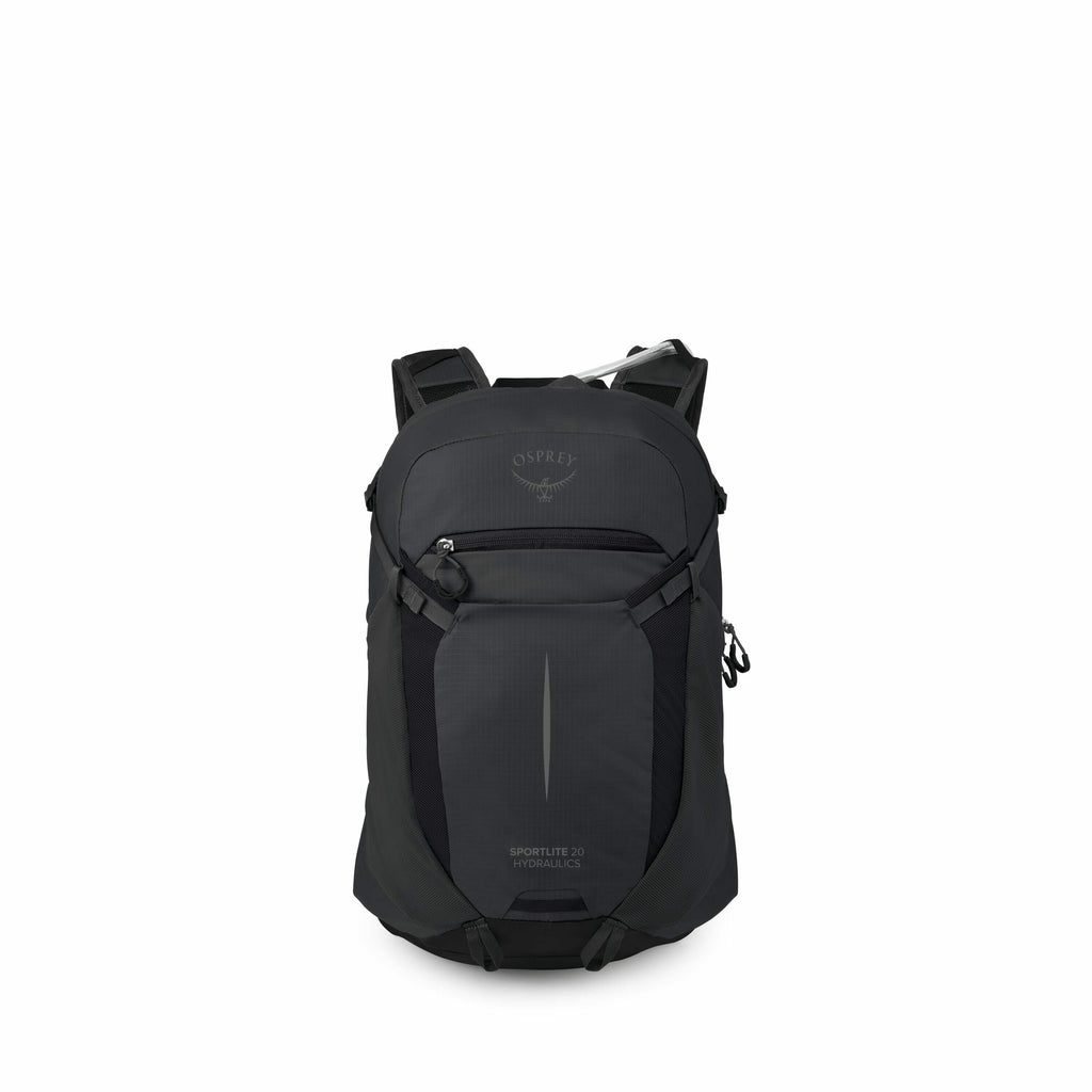 The image showcases a sleek and modern Osprey backpack in a dark, almost black color with subtle gray accents. The bag's front features the Osprey logo prominently, along with a smaller text indicating "SPORTLITE 20 HYDRAULICS," suggesting its capacity an