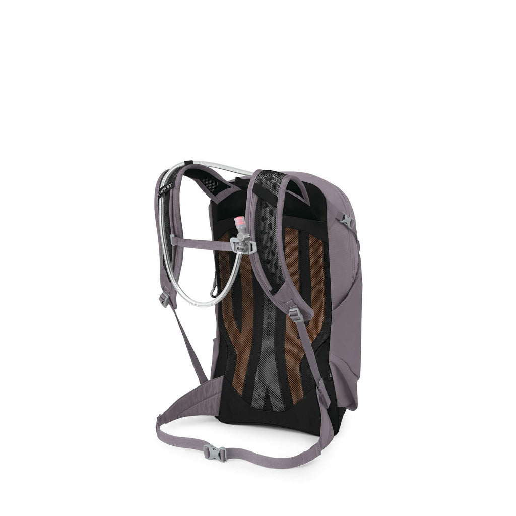 The image showcases a high-performance backpack designed for outdoor activities. It features a hydration system with a tube and nozzle, ensuring easy access to water during hikes or cycling. The backpack has padded shoulder straps and a hip belt for comfo