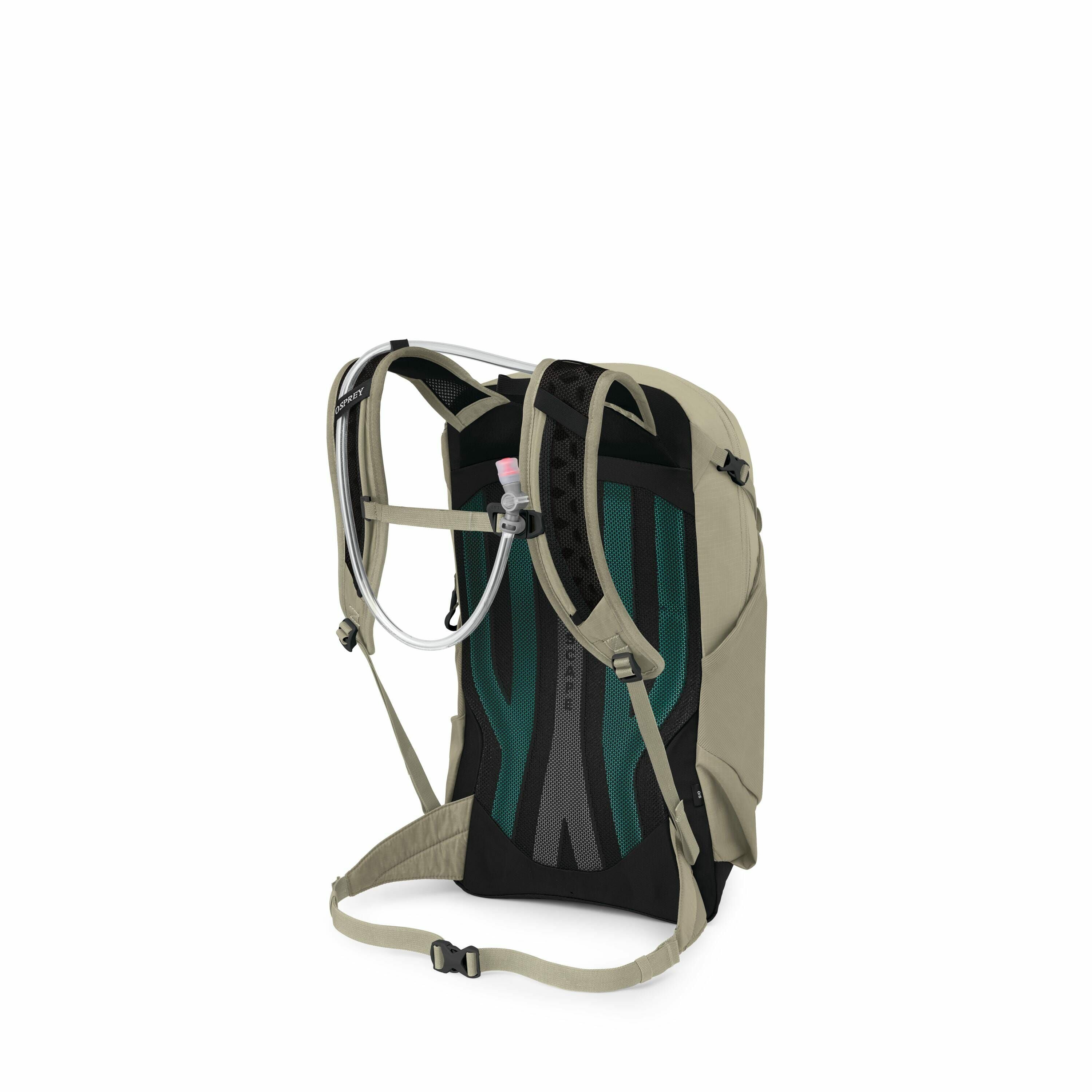 The image features a khaki-colored backpack designed with an ergonomic back panel that includes green and black padding for comfort. The backpack has multiple straps including a chest strap and a waist strap for stability and support during wear. A hydrat