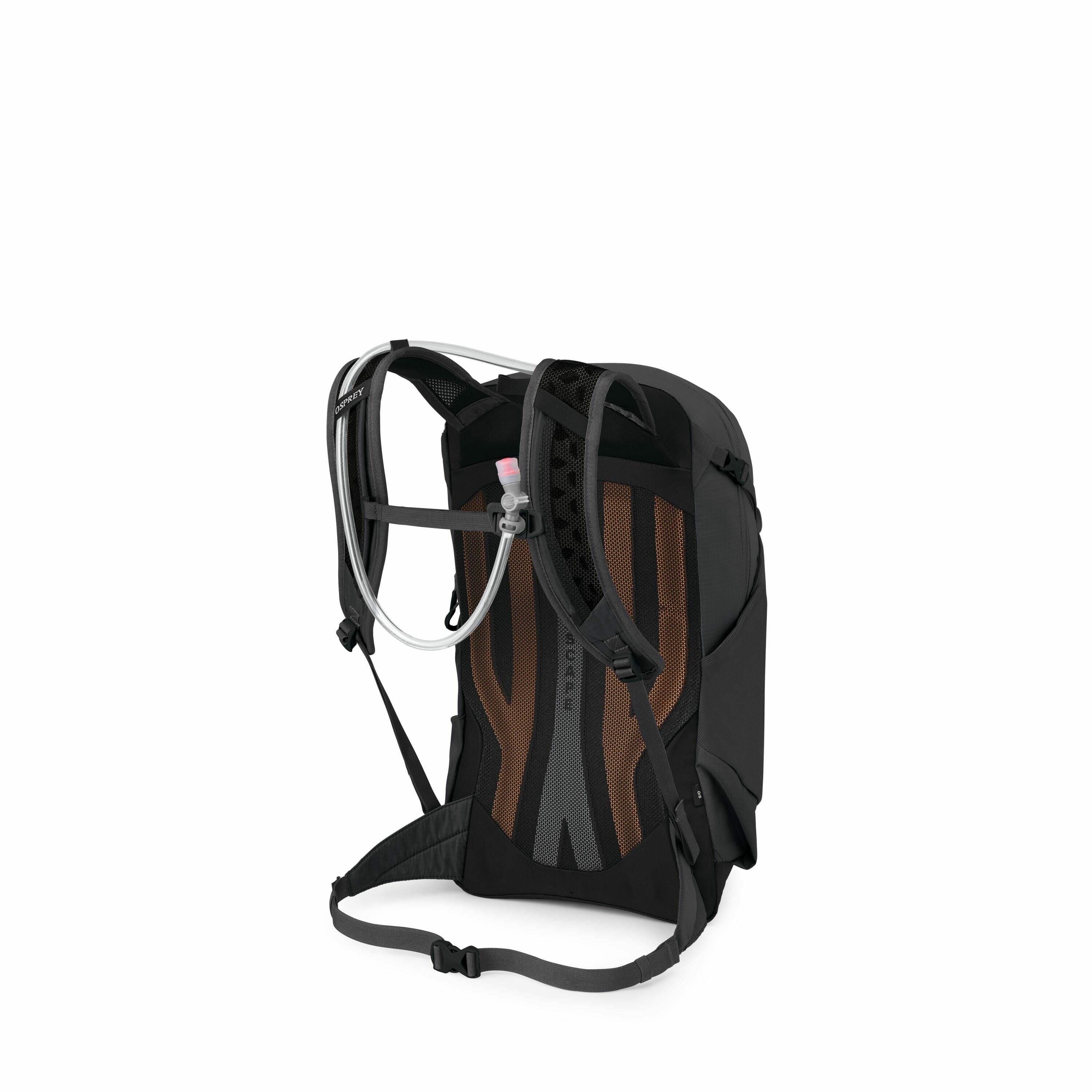 The image depicts a black backpack designed for outdoor activities, featuring a hydration system. The back panel shows a structure for airflow and cushioning with a combination of brown and gray materials, enhancing comfort during wear. The backpack inclu