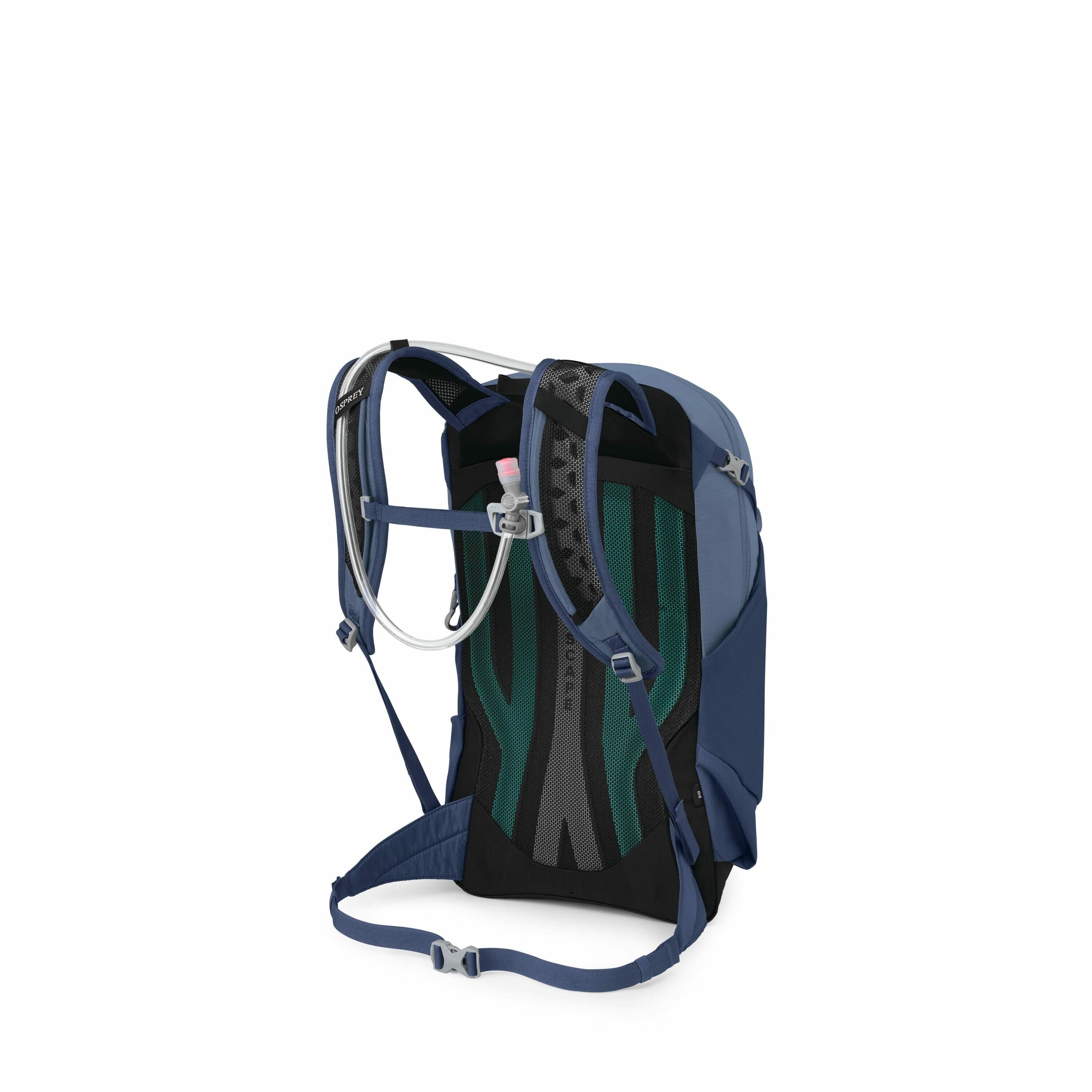 The images showcase a backpack designed for outdoor activities, featuring a hydration system. The backpack is predominantly blue with an ergonomic back panel, including breathable mesh sections in green and black for added comfort and ventilation. The sho