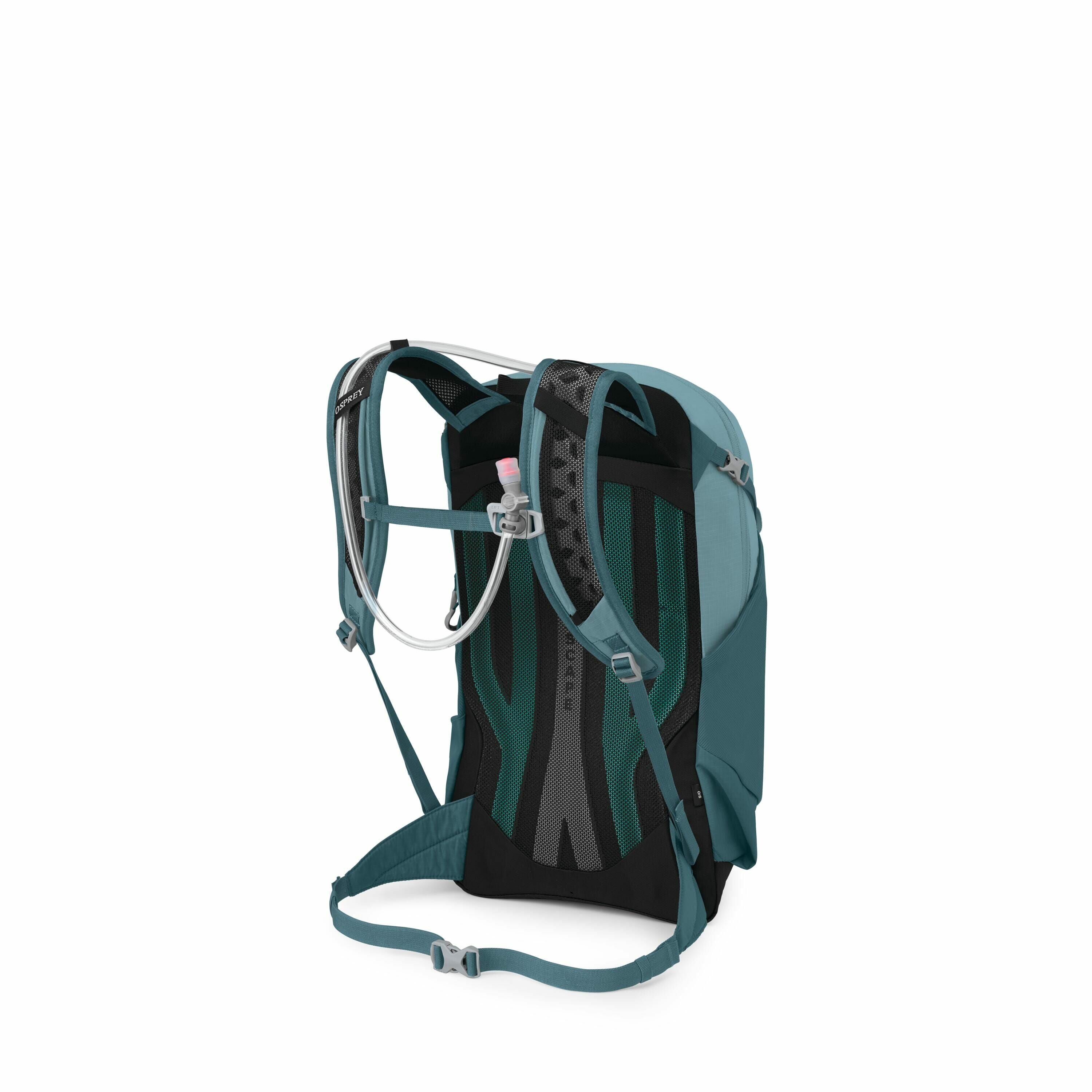 The image showcases a green backpack designed with a focus on comfort and functionality. It features padded shoulder straps and a back panel with a black and green mesh design for breathability. A hydration system is integrated into the backpack, as indic