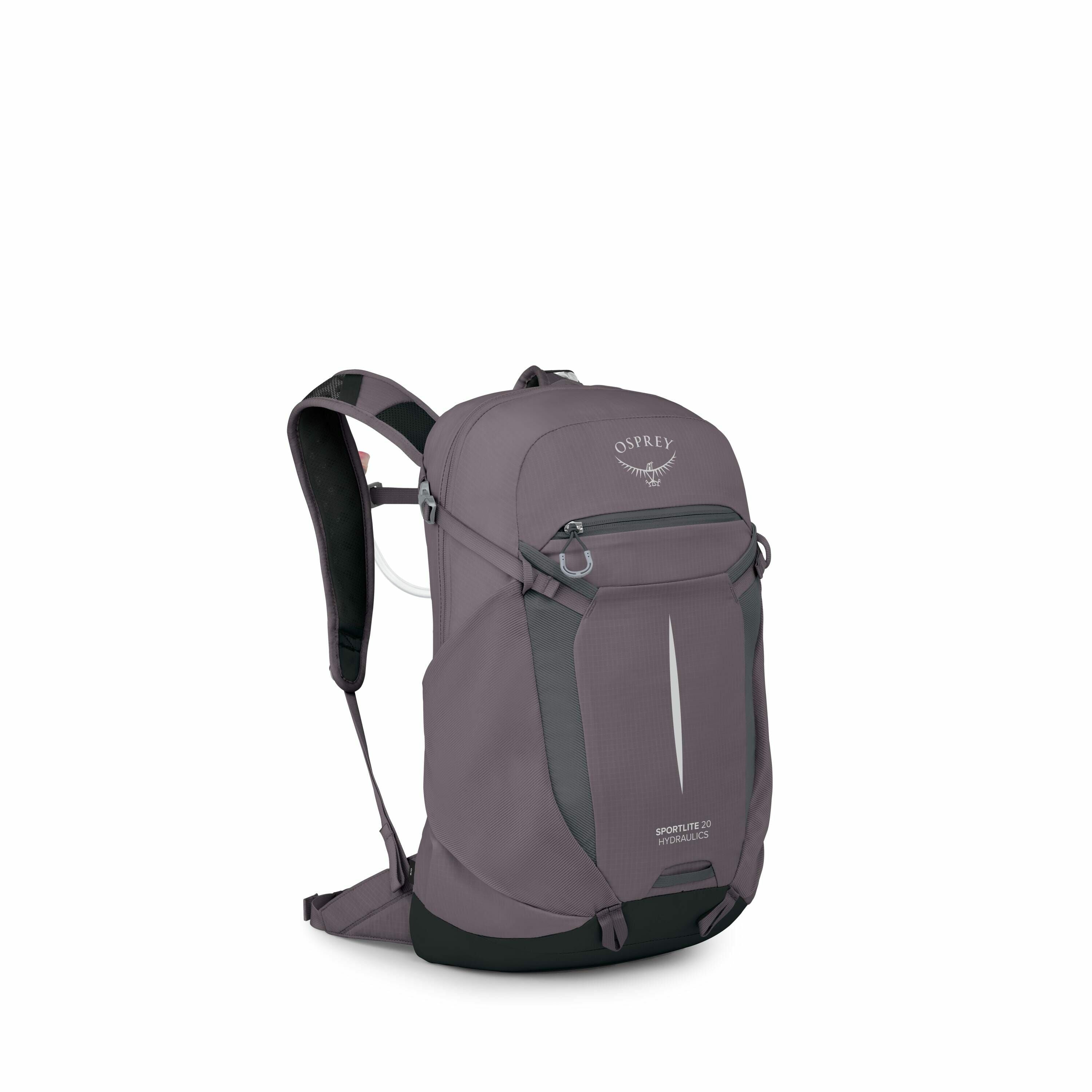 The image features a backpack with the Osprey logo prominently displayed near the top, indicating it is an Osprey product. This particular model is the Sportlite 20 with Hydraulics, as noted by the text on the front pocket area. The backpack is sleek and