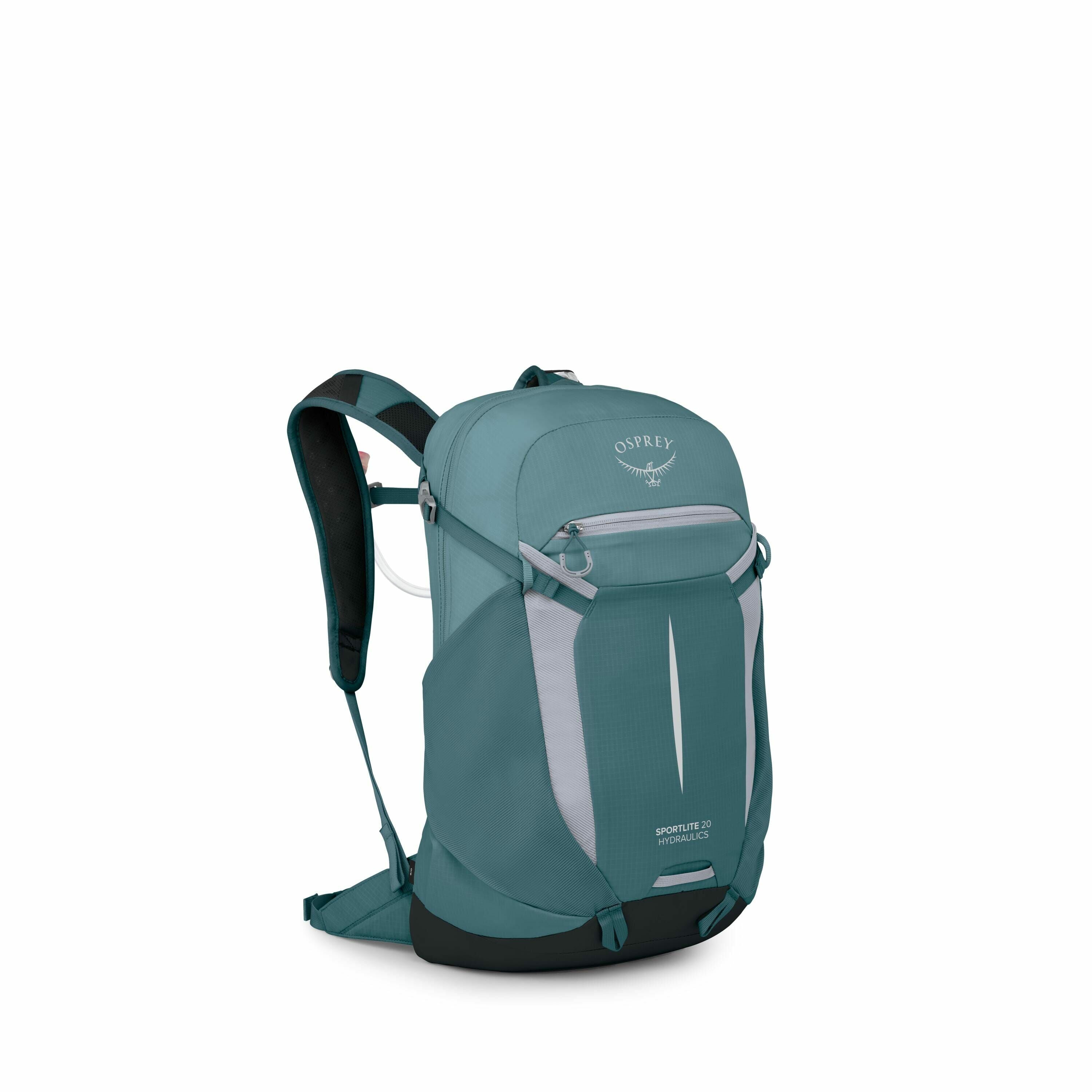 The image showcases a teal-colored Osprey Sportlite 20 Hydraulics backpack. The backpack is designed with a sleek, aerodynamic shape and features light gray accents, including a vertical stripe on the front pocket. The logo, "Osprey," is prominently displ