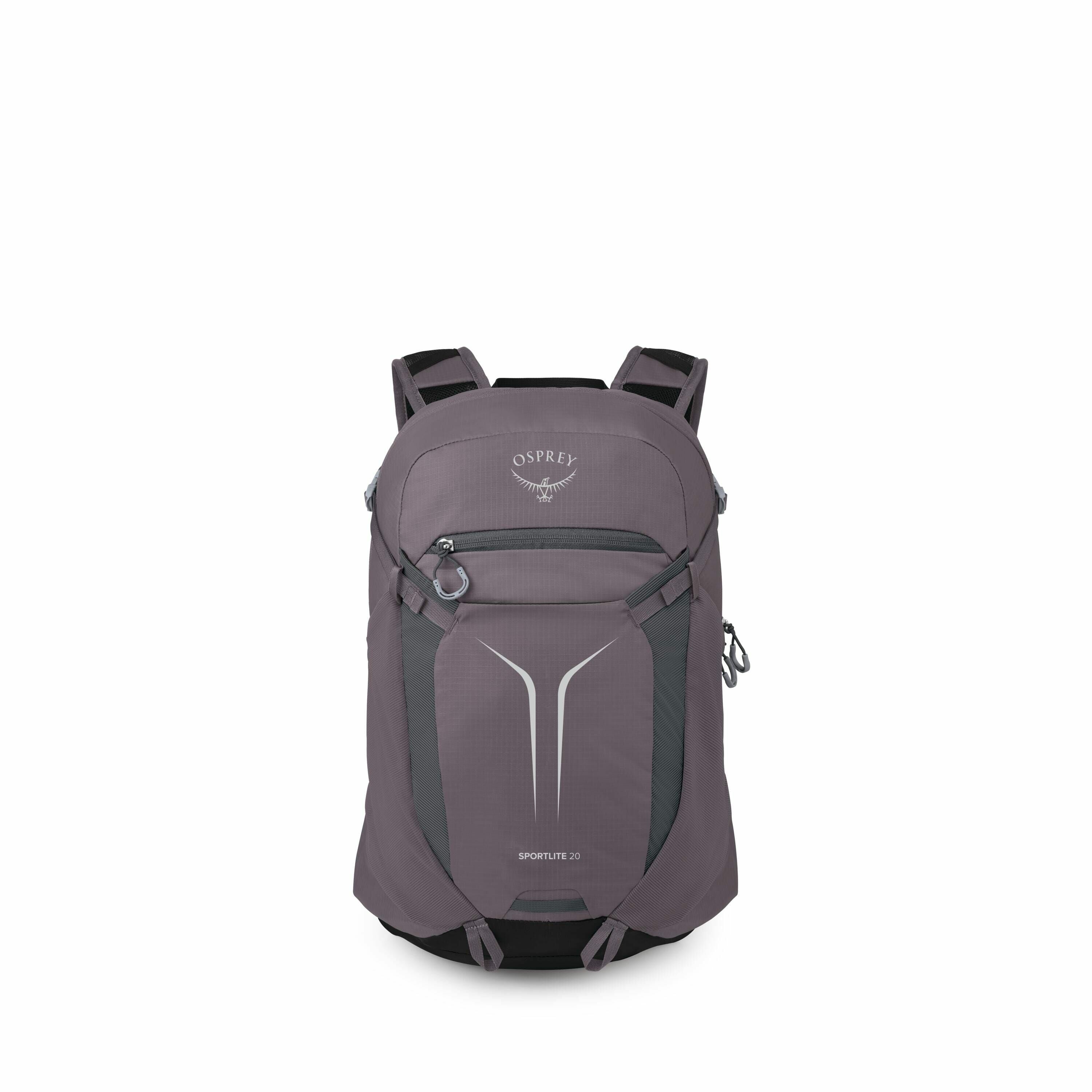 The image series showcases a sleek, purple Osprey Sportlite 20 backpack from multiple angles, highlighting its design and features. The backpack is compact and features the Osprey logo on the top front. It has a modern, streamlined design with a large cen