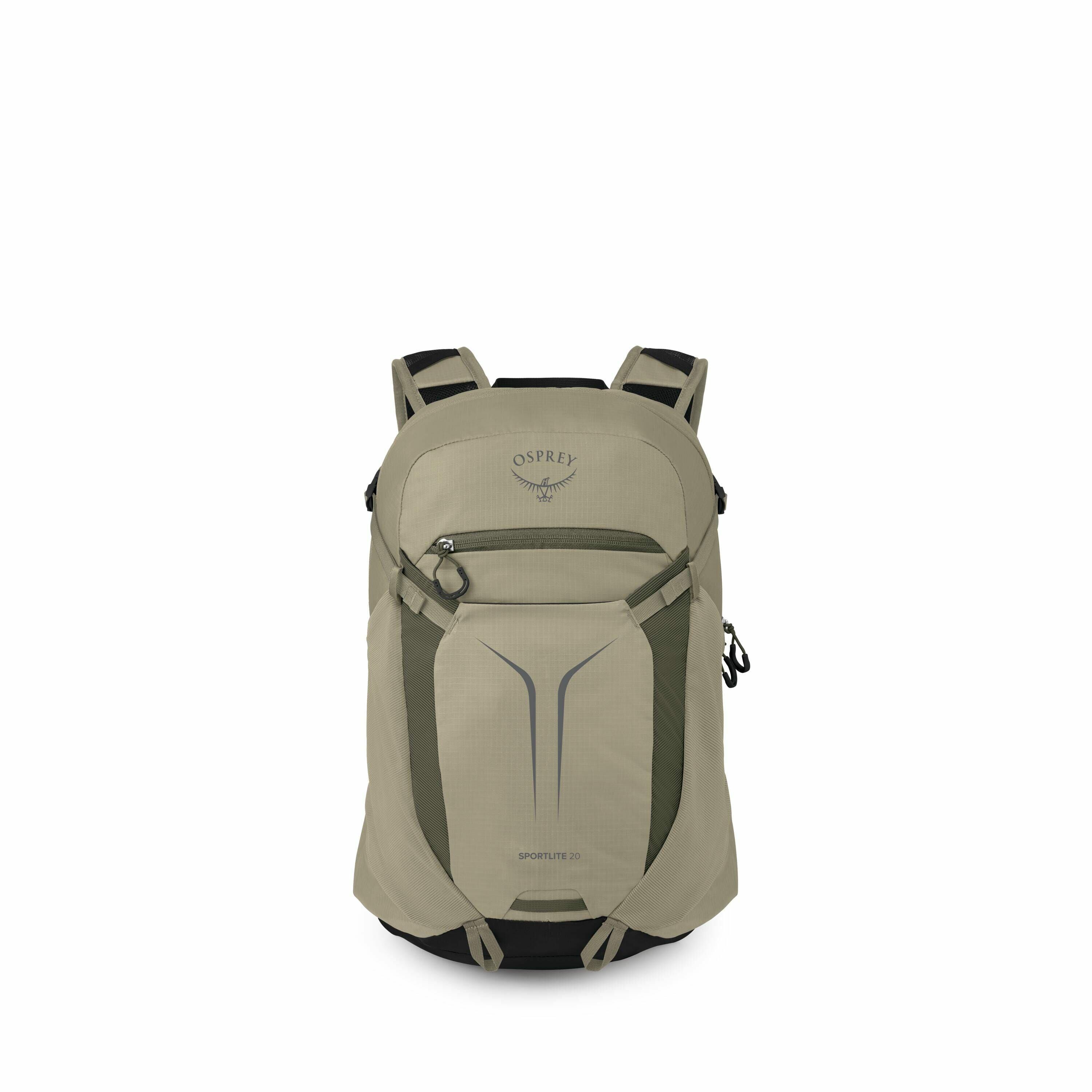 The image features a light olive green Osprey Sportlite 20 backpack, shown from the front. The backpack has a minimalist design with the Osprey logo near the top and a small zippered pocket just below it. A larger pocket with a vertical zipper and a buckl