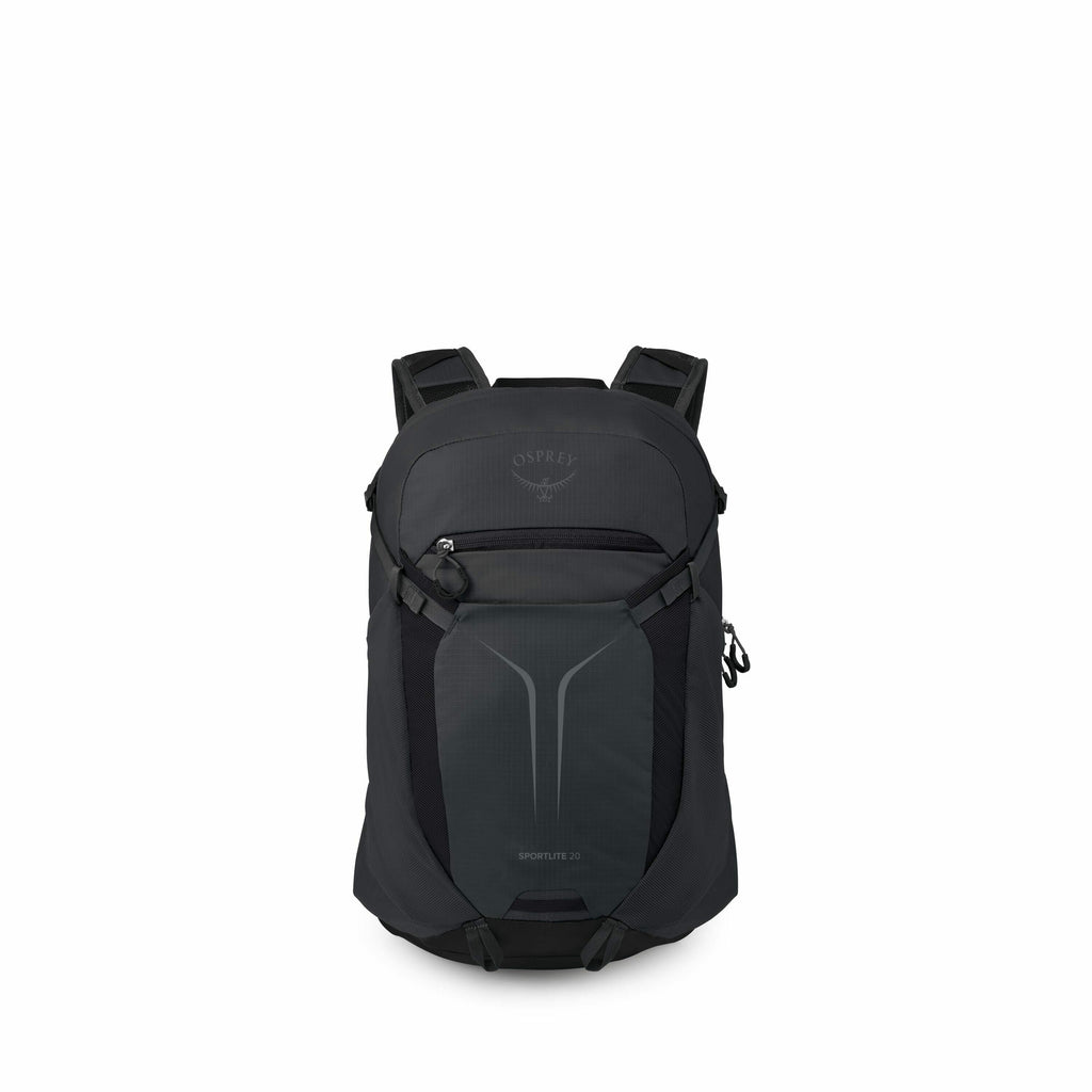 The images display an Osprey Sportlite 20 backpack in a dark color, likely black or dark grey. The first few images present various views of the backpack, highlighting its sleek and streamlined design. It features a top zippered pocket, the Osprey logo, a
