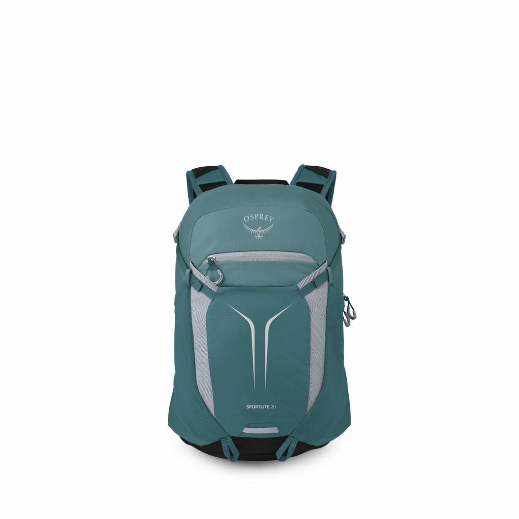 The image showcases an Osprey Sportlite 20 backpack, depicted from various angles. The backpack is teal with gray accents, including a prominent light gray panel on the front and the Osprey logo emblazoned near the top. It features adjustable shoulder str