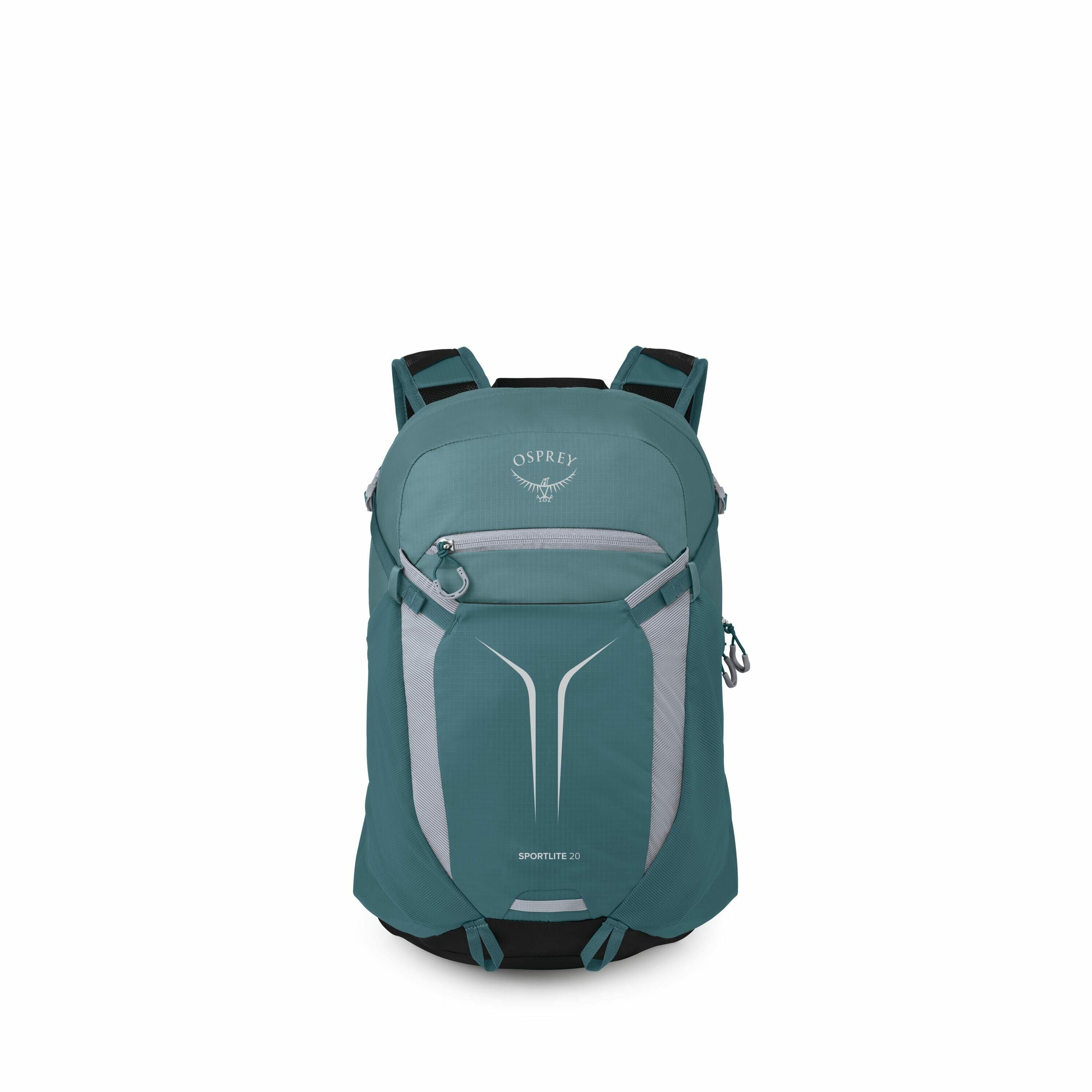 The image showcases an Osprey Sportlite 20 backpack, depicted from various angles. The backpack is teal with gray accents, including a prominent light gray panel on the front and the Osprey logo emblazoned near the top. It features adjustable shoulder str