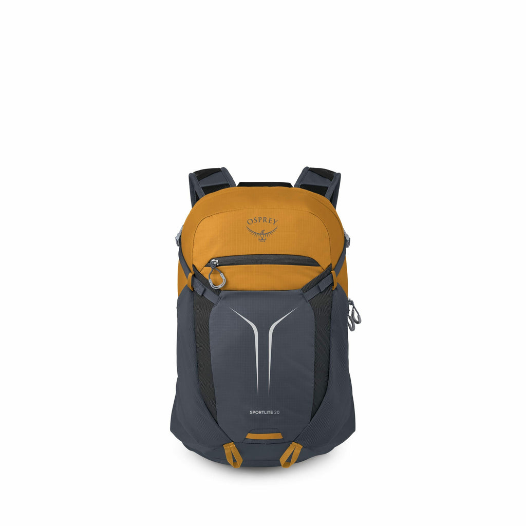 The image showcases a compact, stylish Osprey backpack, which appears to be ideal for outdoor adventures or day trips. It features a combination of an amber and slate gray color scheme, with the brand's logo visible on the upper pocket. The bag's design i