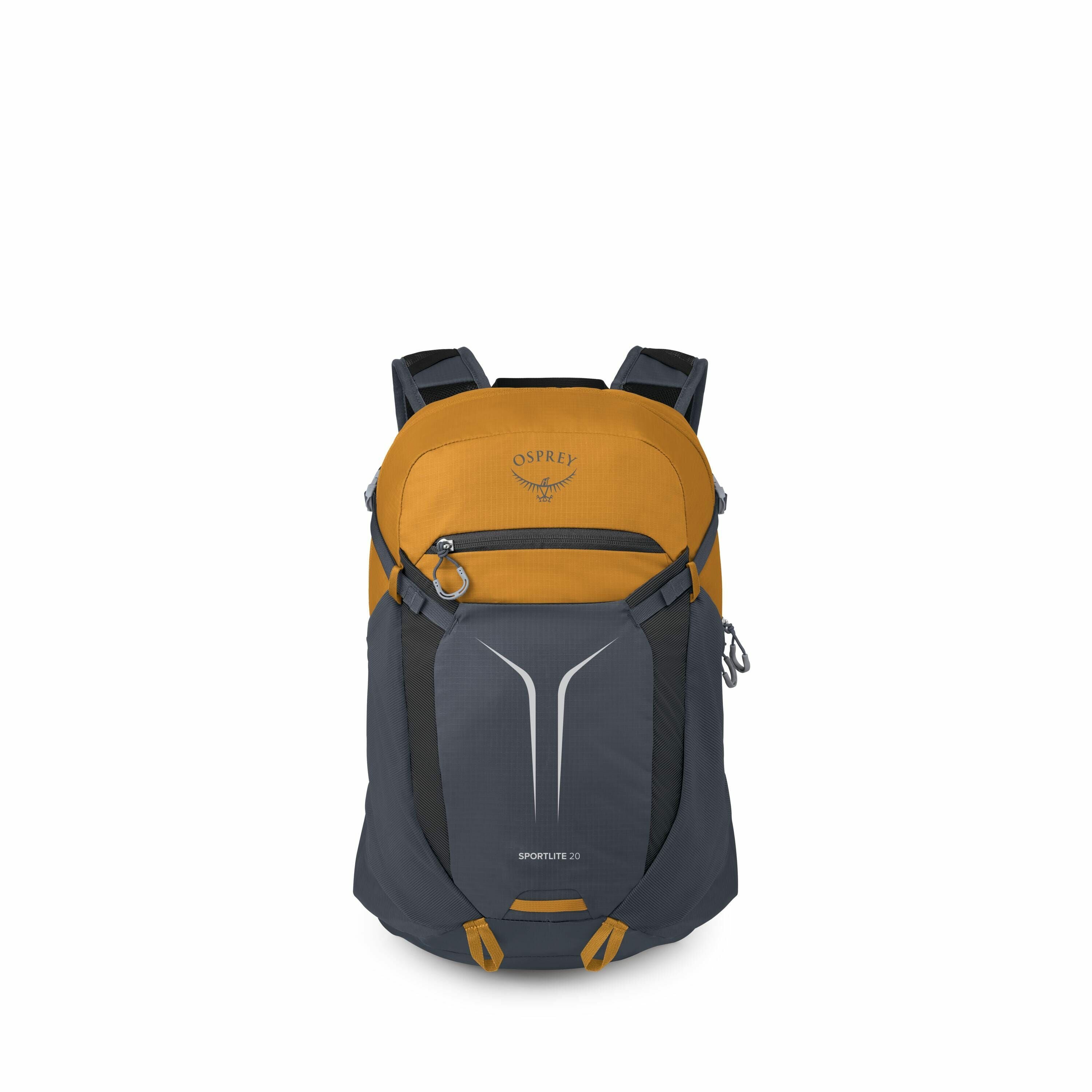 The image showcases a compact, stylish Osprey backpack, which appears to be ideal for outdoor adventures or day trips. It features a combination of an amber and slate gray color scheme, with the brand's logo visible on the upper pocket. The bag's design i
