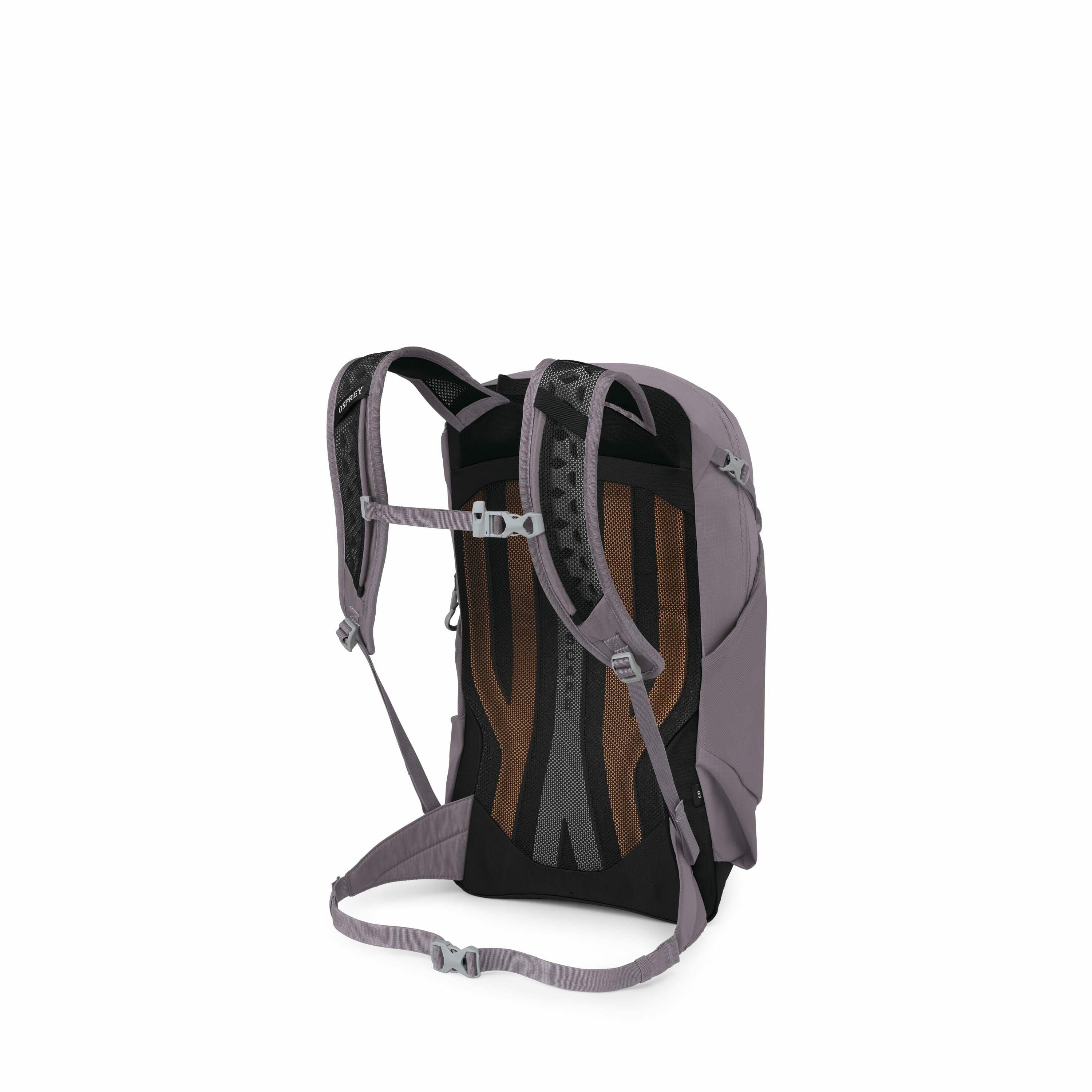 The images depict a hiking backpack with a focus on the back panel and strap system. The backpack is predominantly purple with black and brown accents on the back panel, which appears to be designed for breathability and comfort. The shoulder straps are a