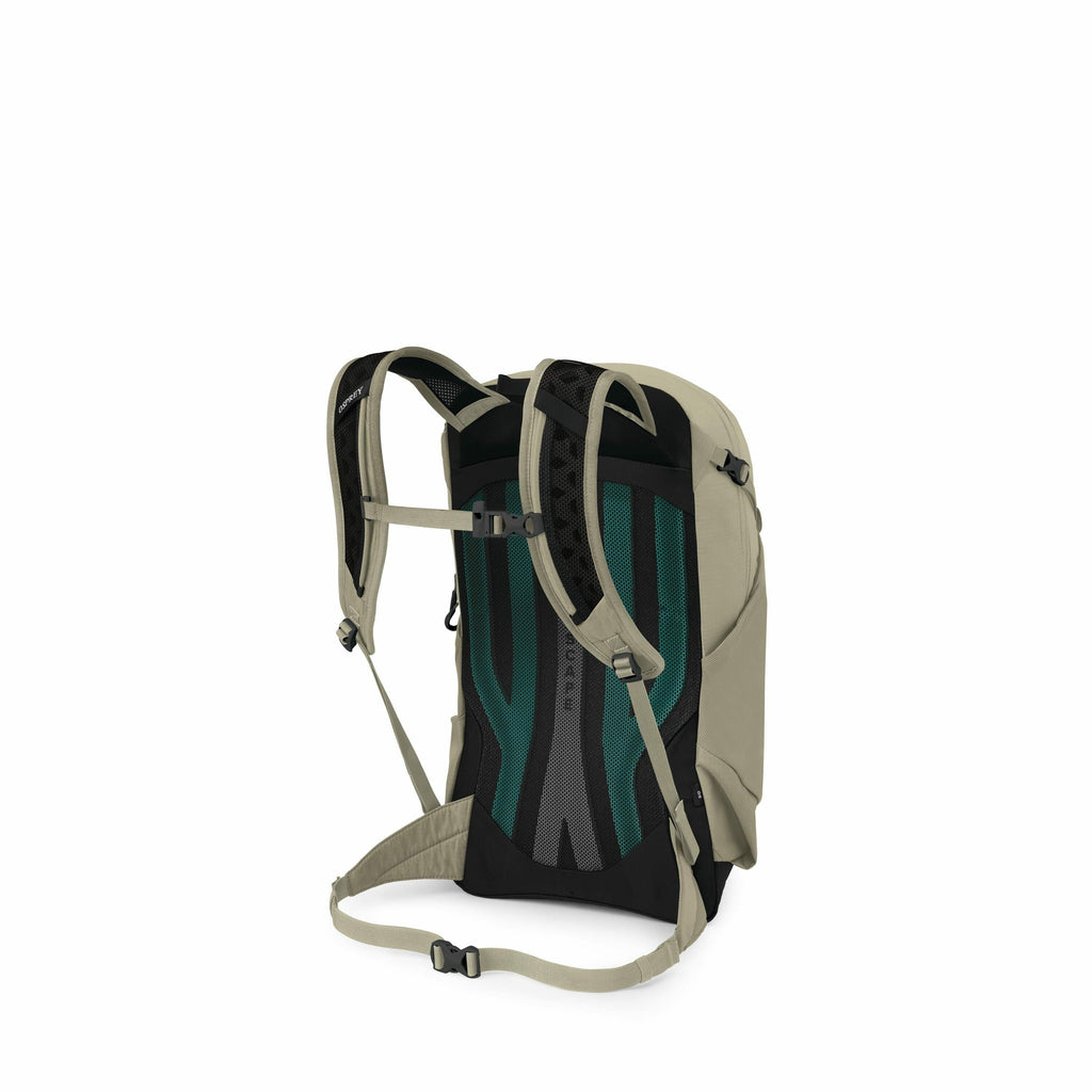 The image displays a beige and green Osprey backpack designed for outdoor or hiking activities. It features adjustable shoulder straps, a sternum strap, and a waist belt for support and comfort during use. The back panel includes breathable mesh sections