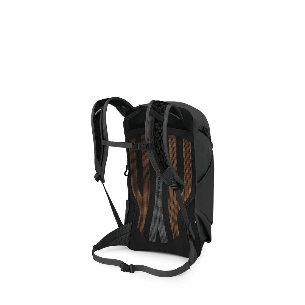 The image series shows a backpack from different angles and in various stages of component breakdown. The first image displays the complete backpack, highlighting the padded shoulder straps, back padding, and hip belt, which are designed for comfort and s