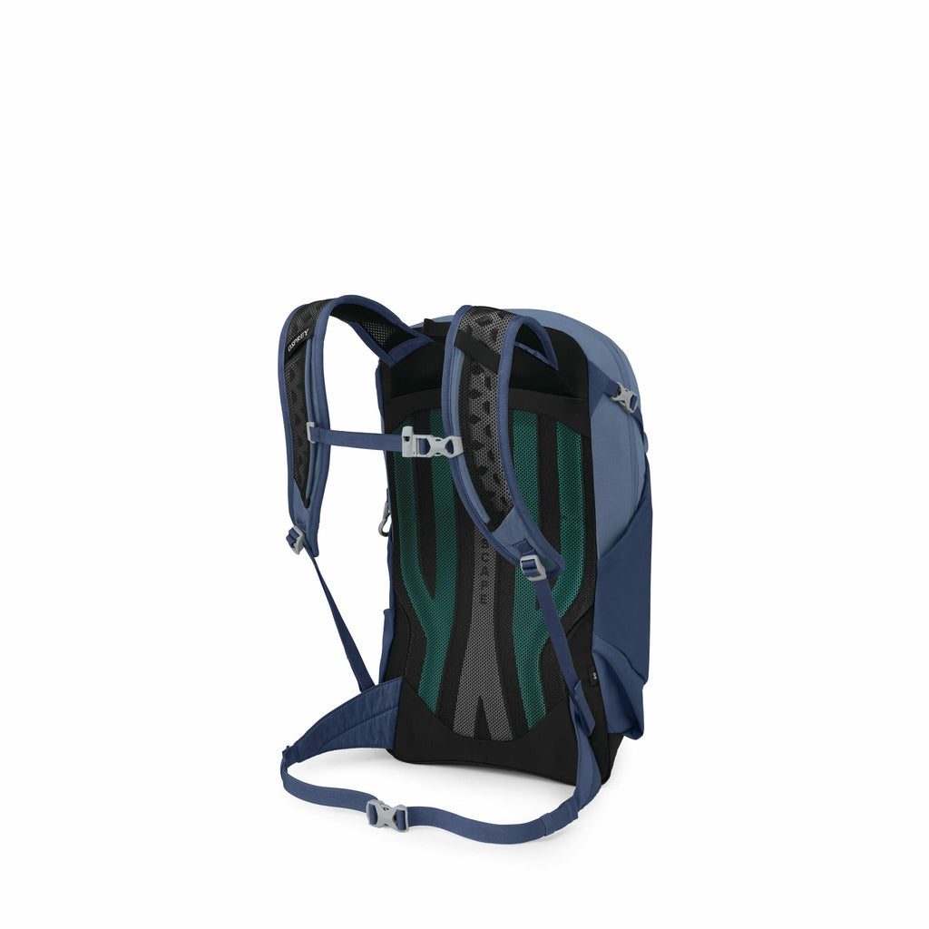 The images showcase a blue backpack from multiple angles and stages of deconstruction. Initially, the backpack appears fully assembled with visible shoulder straps, buckles, and a ventilated back panel in green and black mesh. As the images progress, the