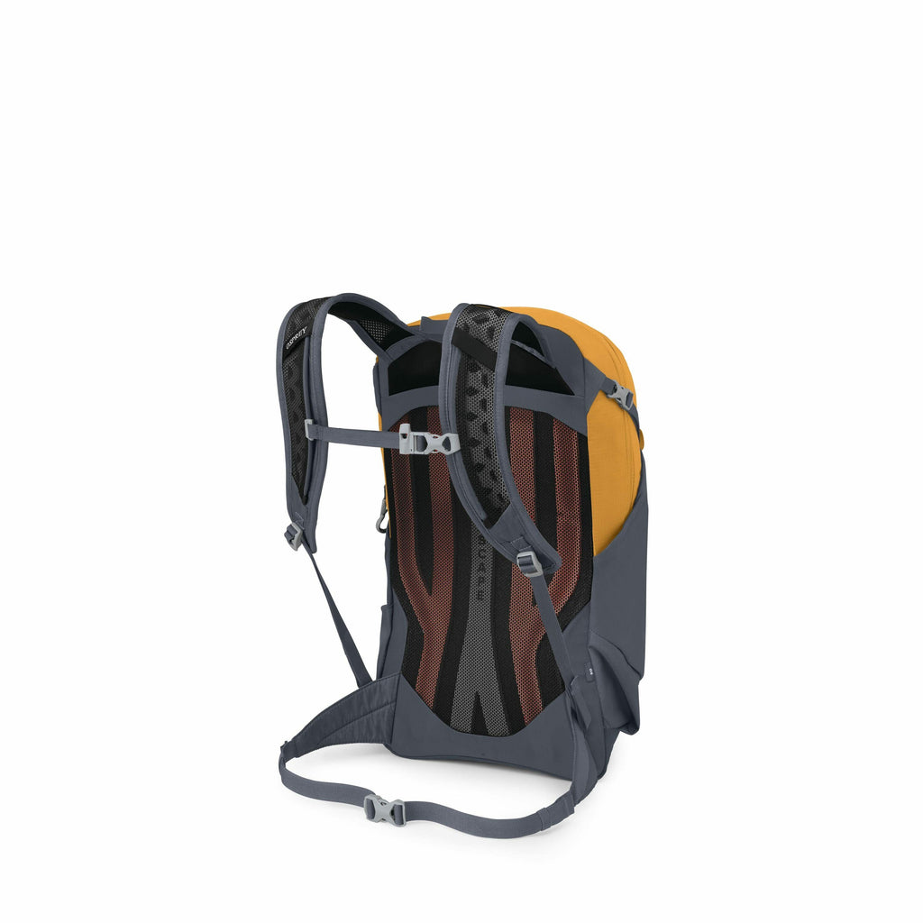 The image showcases a stylish backpack designed for functionality and comfort. The backpack is predominantly orange with gray accents, particularly noticeable in the straps and back panel. It features adjustable shoulder straps, a sternum strap, and a hip