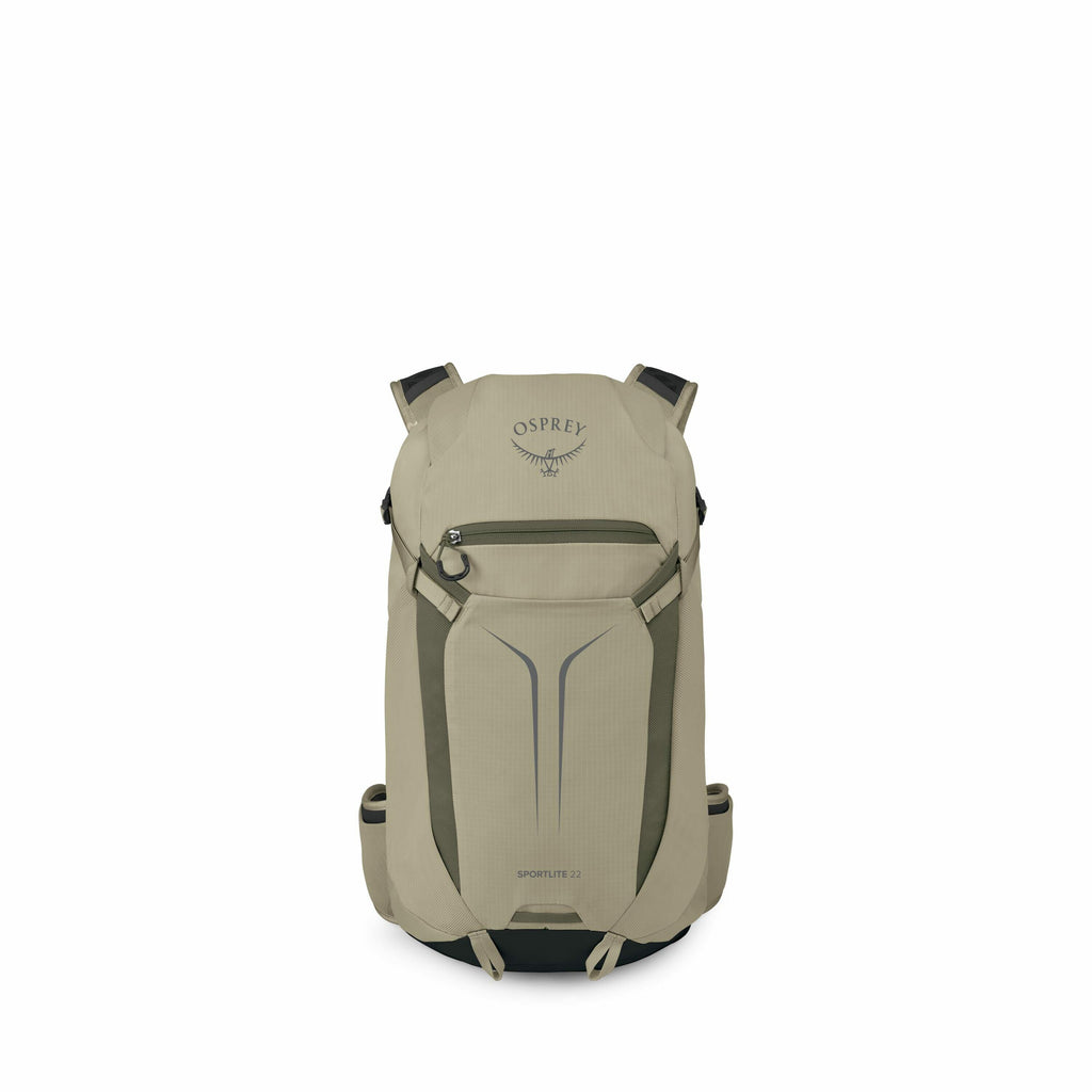 The images display a sequence of a backpack and its components in different stages of assembly. The first image shows a complete Osprey Sportlite 22 backpack in a neutral color, featuring the Osprey logo prominently. Subsequent images depict individual pa