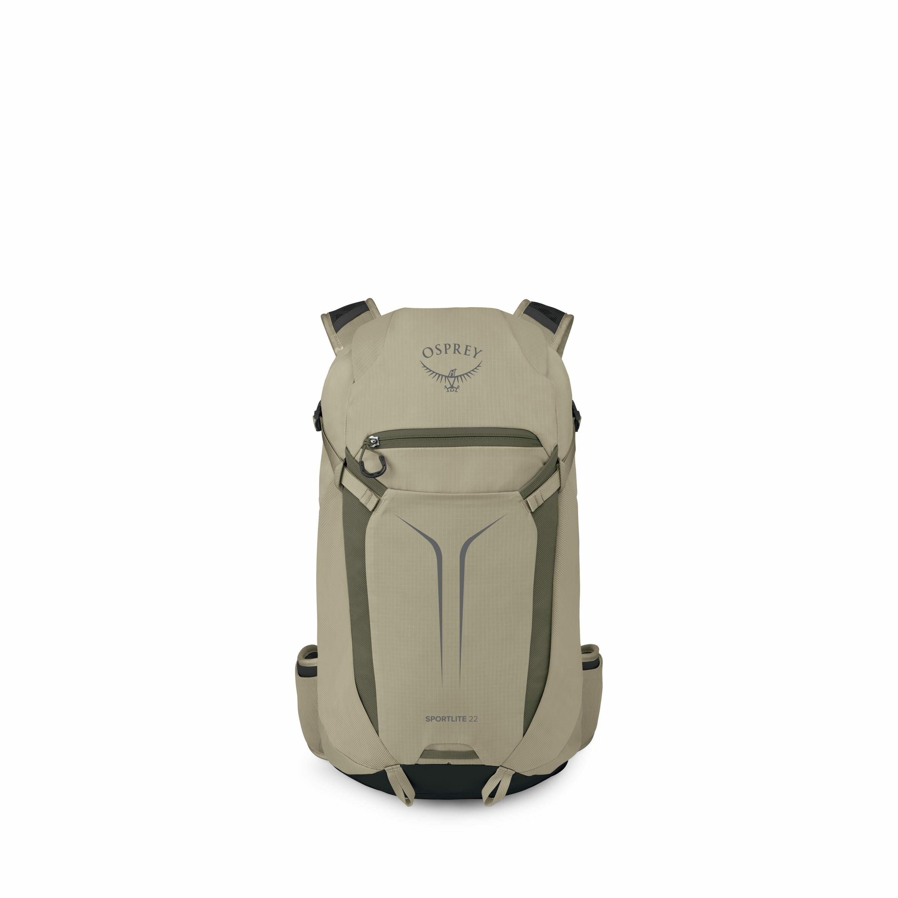 The images display a sequence of a backpack and its components in different stages of assembly. The first image shows a complete Osprey Sportlite 22 backpack in a neutral color, featuring the Osprey logo prominently. Subsequent images depict individual pa