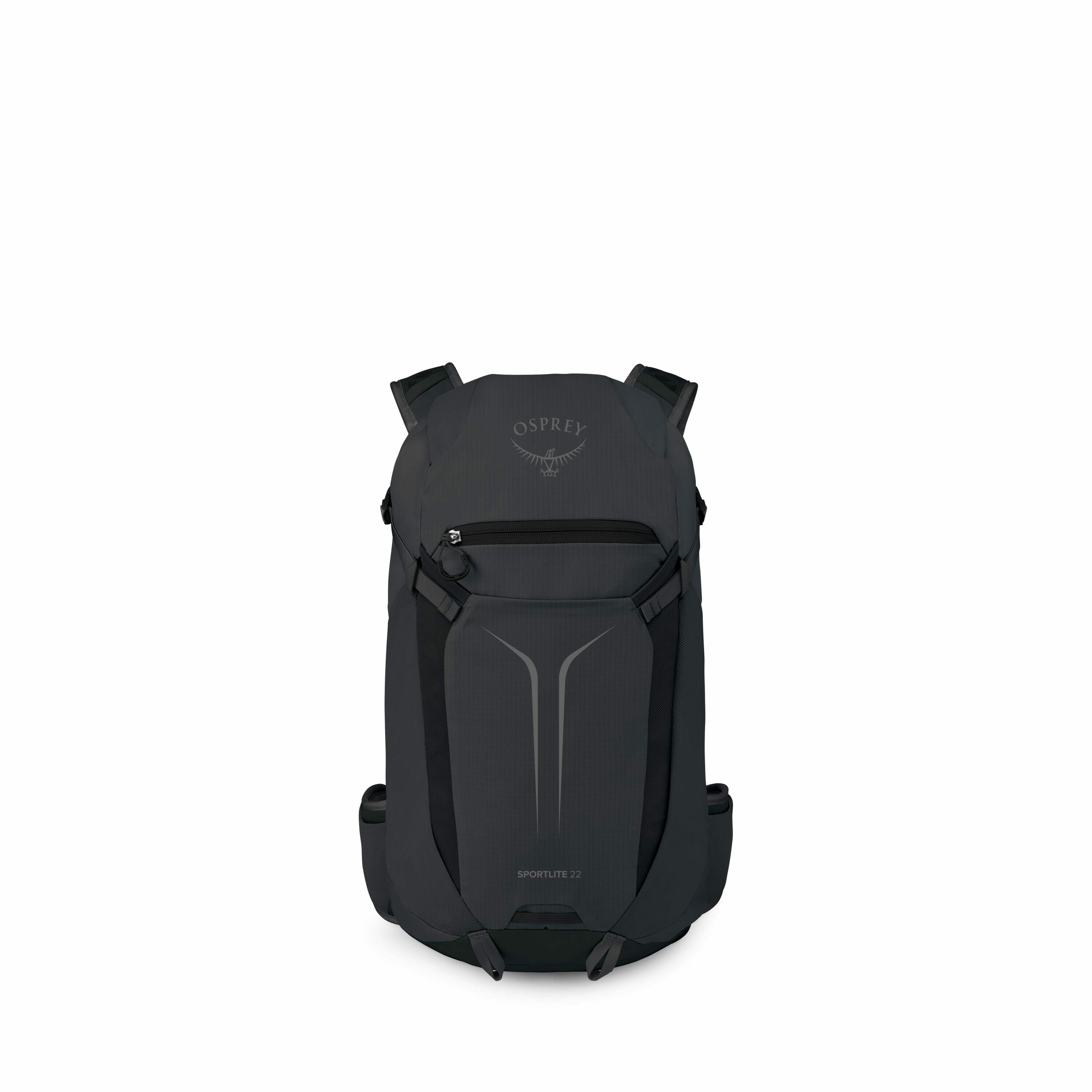 The image shows a black backpack by the brand Osprey, specifically labeled as "SPORTLITE 22." The backpack has a sleek design with the Osprey logo prominently displayed at the top. The front of the backpack features a curved pattern design with a zippered