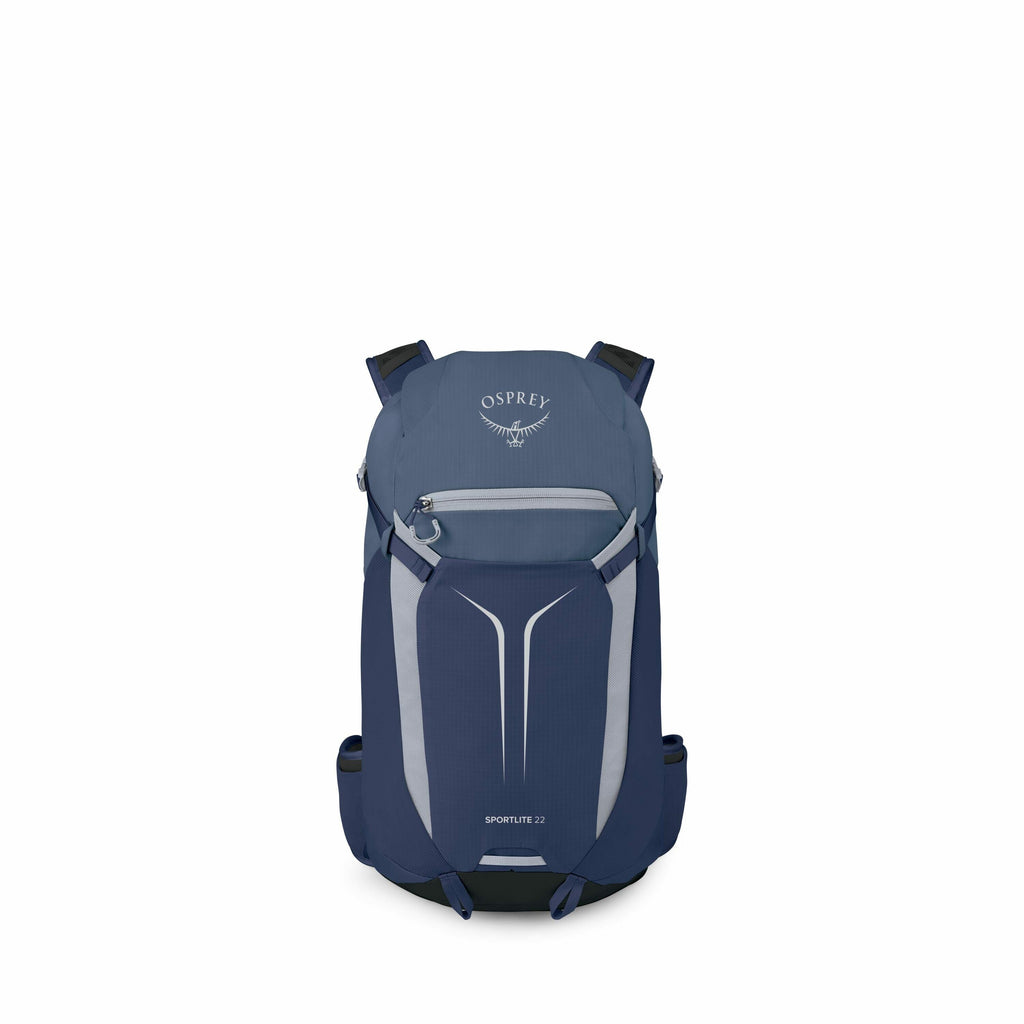 The images depict an Osprey Sportlite 22 backpack in a medium blue color with dark blue accents. The backpack features a large main compartment with a zippered front pocket and reflective detailing for visibility. The Osprey logo is prominently displayed