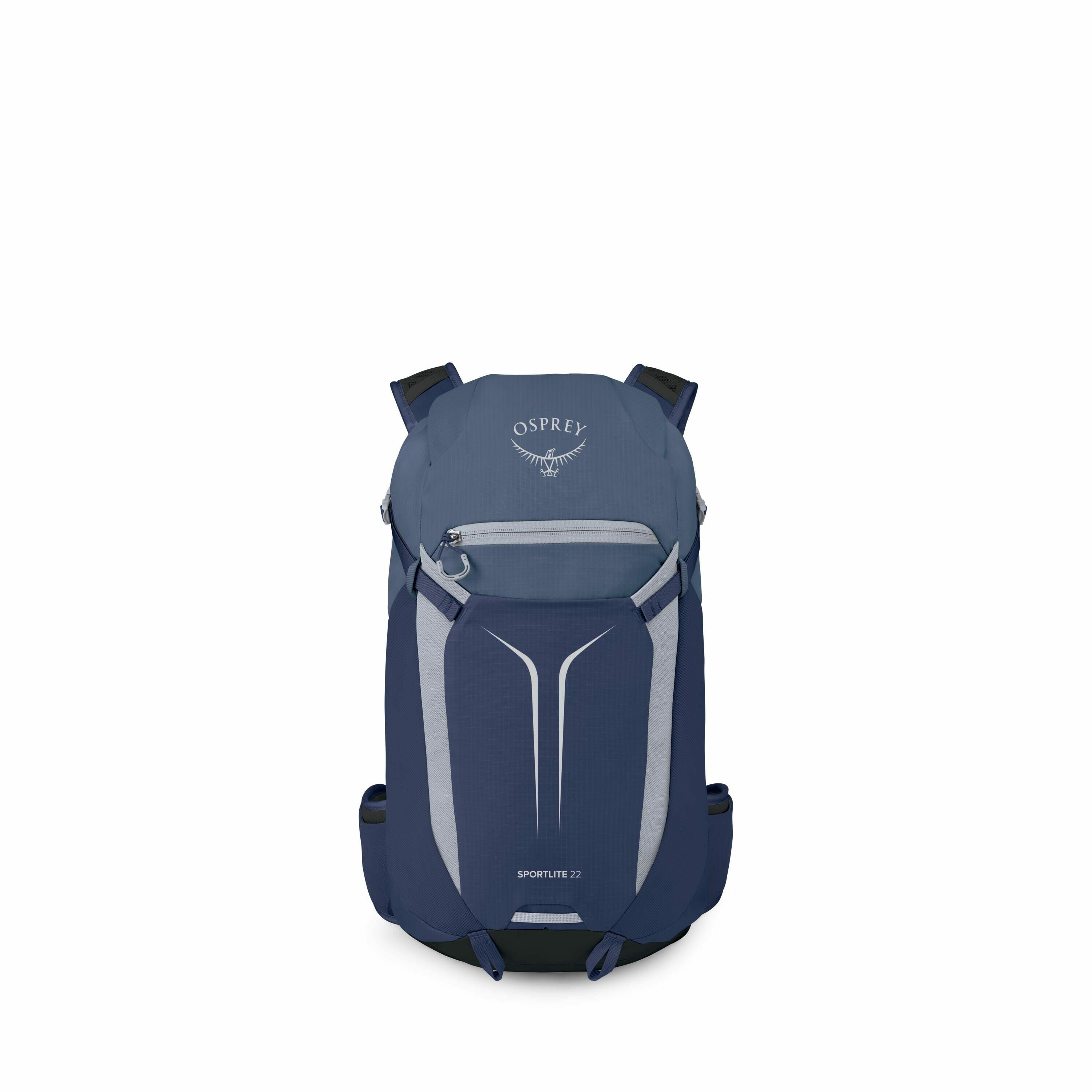 The images depict an Osprey Sportlite 22 backpack in a medium blue color with dark blue accents. The backpack features a large main compartment with a zippered front pocket and reflective detailing for visibility. The Osprey logo is prominently displayed