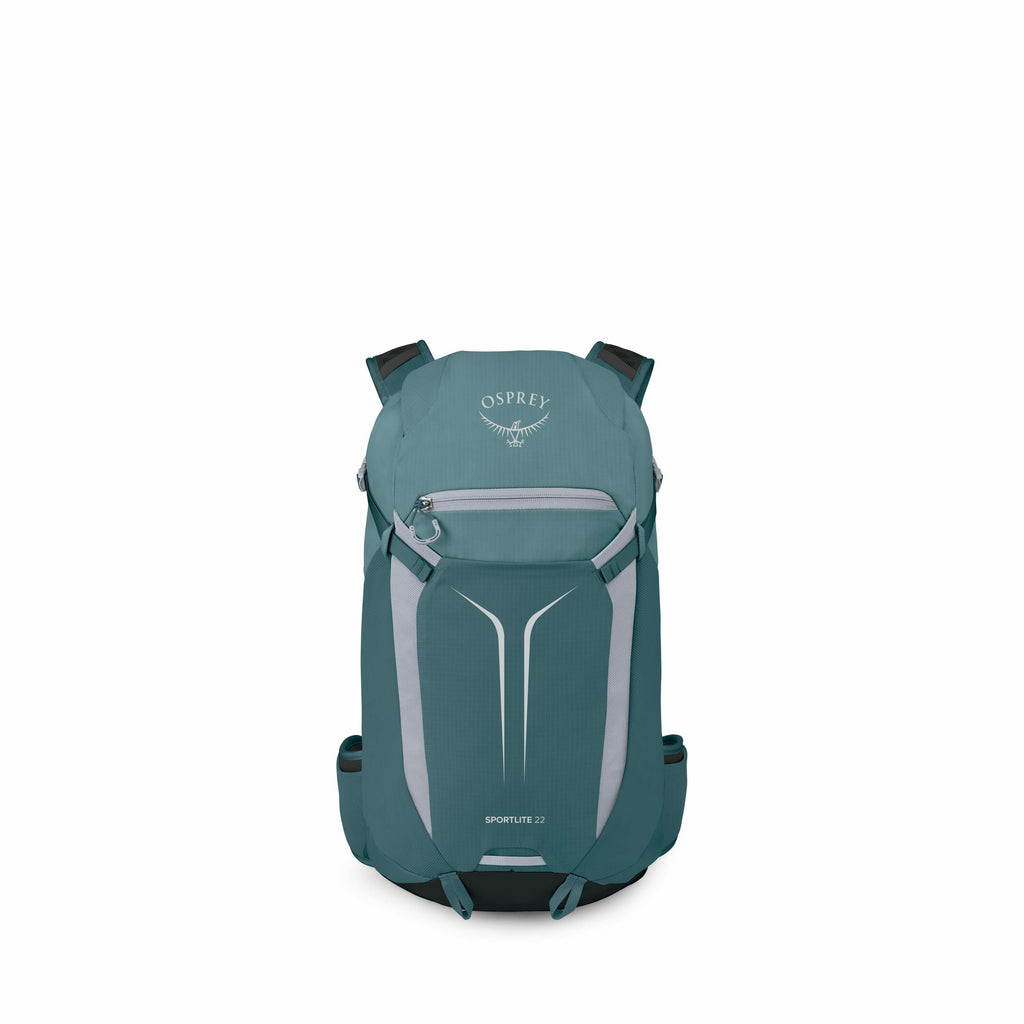 The image features a teal and gray Osprey backpack, specifically the Sportlite 22 model. The backpack is displayed in various angles and sections, showing details such as the front, sides, and components separately. The Osprey logo, featuring the word "OS