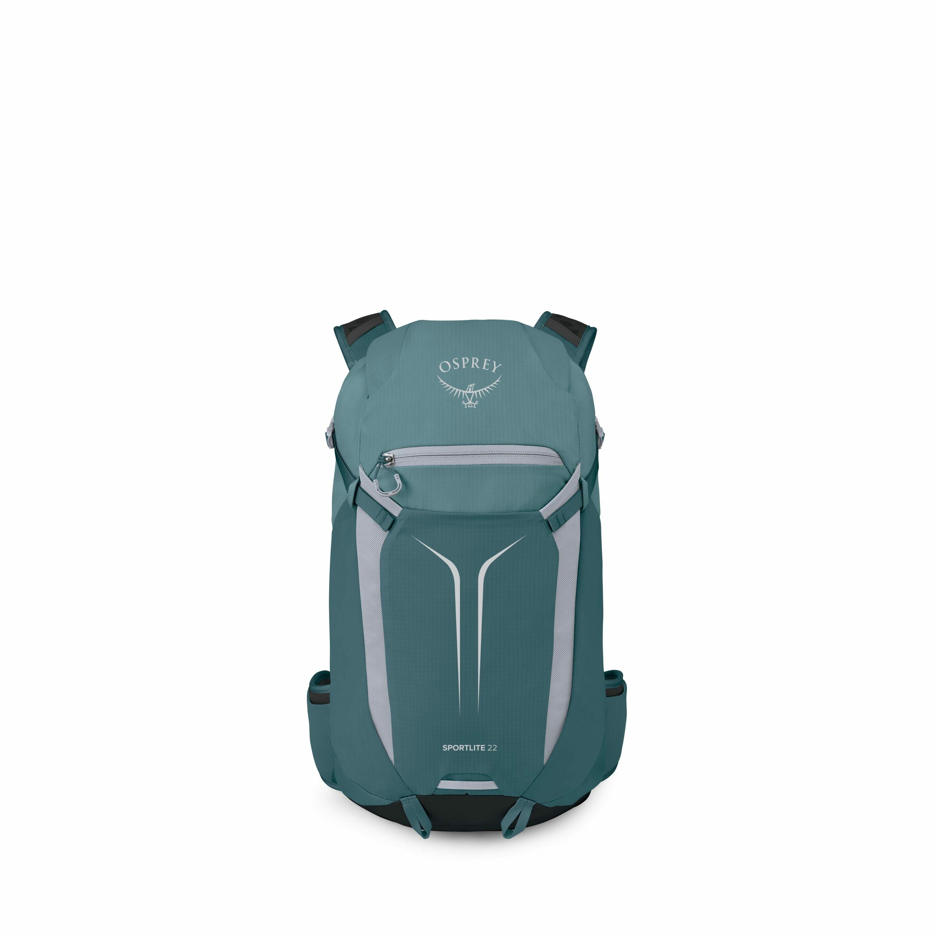 The image features a teal and gray Osprey backpack, specifically the Sportlite 22 model. The backpack is displayed in various angles and sections, showing details such as the front, sides, and components separately. The Osprey logo, featuring the word "OS