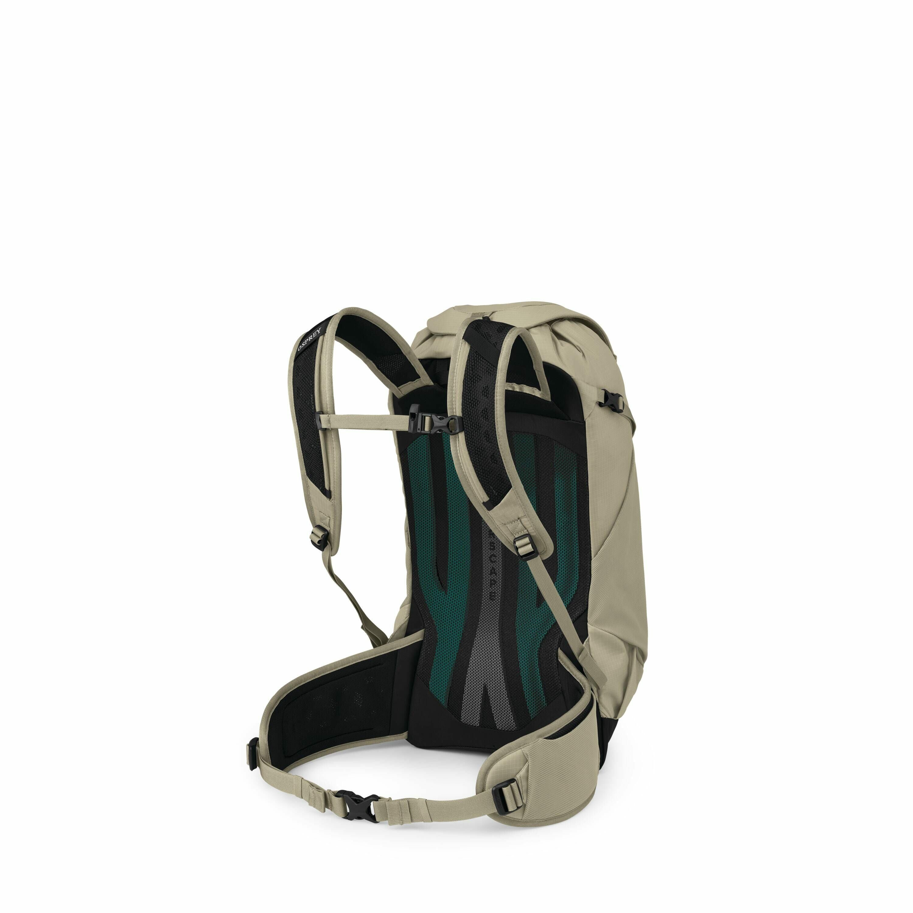 The images show a deconstructed view of a green and black backpack, specifically focusing on its back panel and support system. The first two images display the fully assembled backpack from a rear perspective, highlighting its ergonomic design with padde