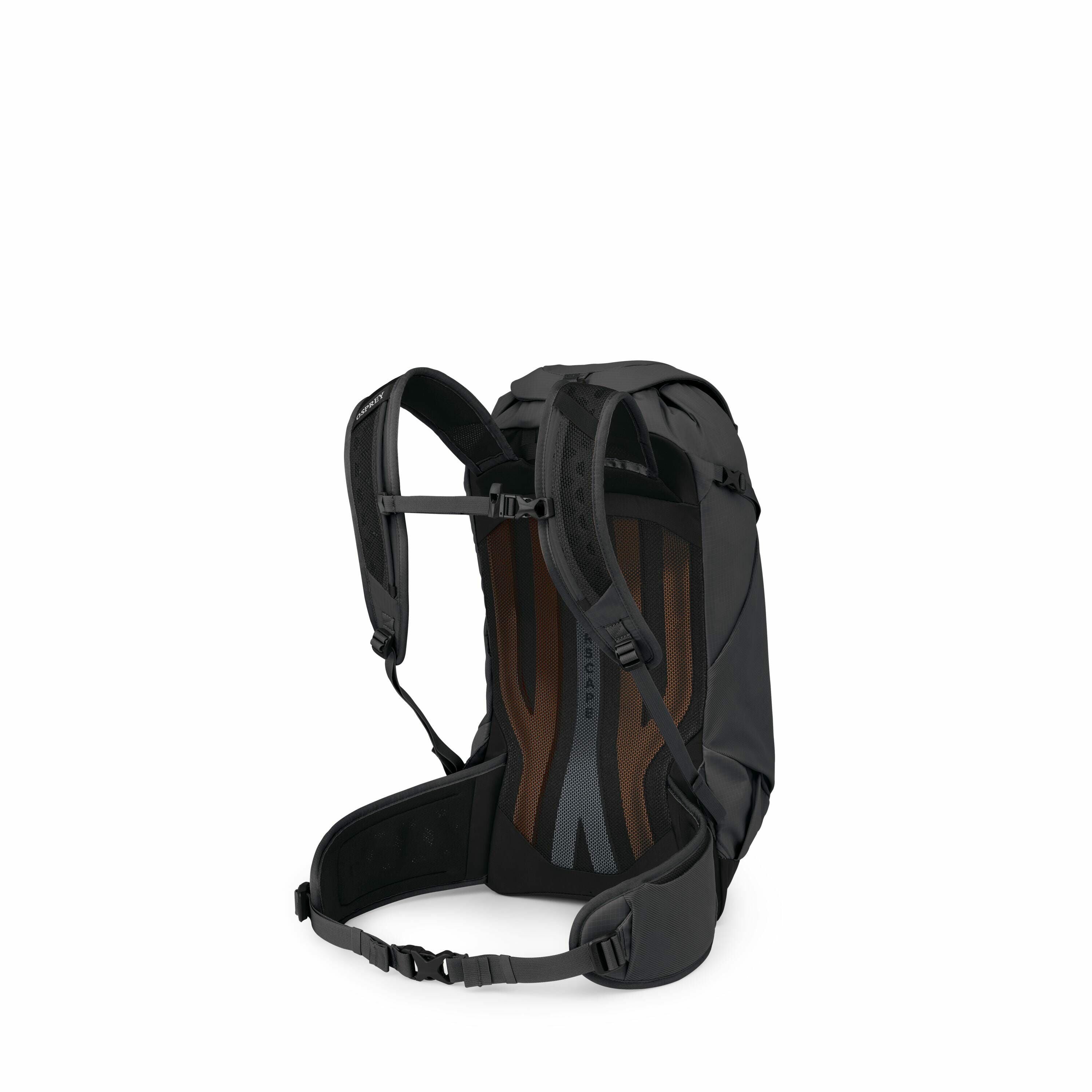 The image displays a dark-colored backpack viewed from behind, showcasing its ergonomic design. It has adjustable shoulder straps and a waist strap to distribute weight and enhance comfort during use. The backpack features a structured back panel with bre
