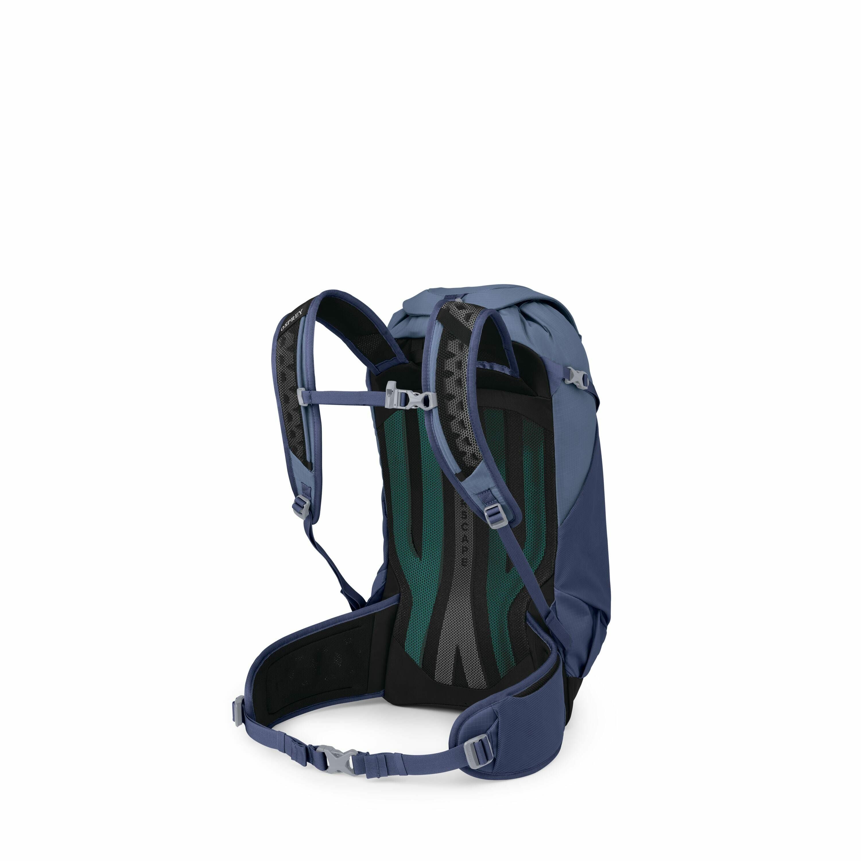 The image depicts a blue hiking backpack shown from the back, highlighting its supportive harness and ventilation system. The backpack features padded shoulder straps, a sternum strap, and a hip belt for stability and comfort during outdoor activities. Th