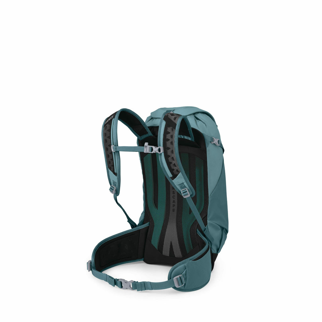 The image features a detailed view of a teal-colored backpack, oriented to showcase its back panel and straps. The backpack is designed for outdoor use, evident from its padded and adjustable shoulder straps, sternum strap, and hip belt, which are all vis