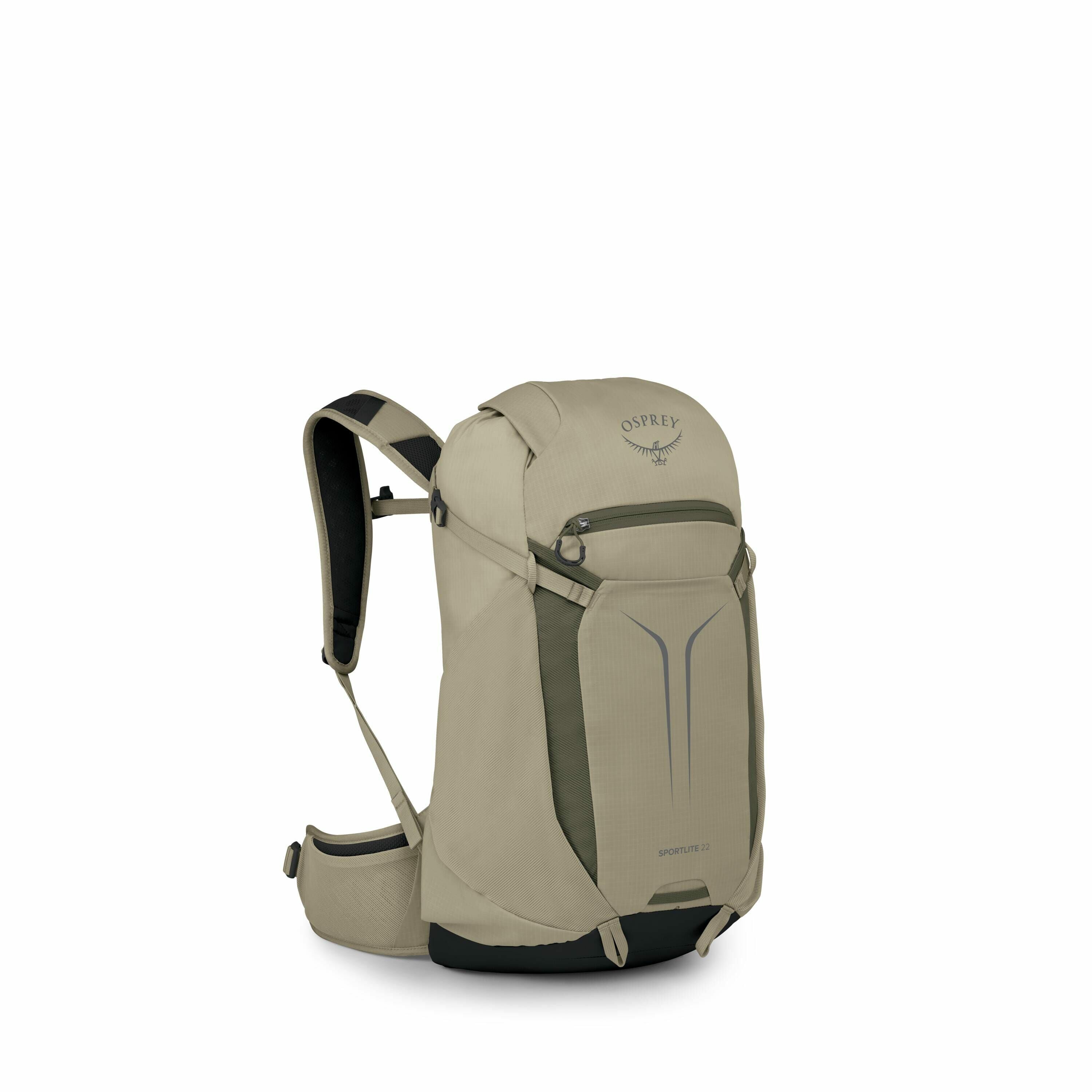 The series of images displays a backpack that gradually diminishes into fragments and eventually disappears. The backpack is branded with the logo "OSPREY" and features the model name "SPORTLITE 22" on its front. It has a beige and olive color scheme, wit