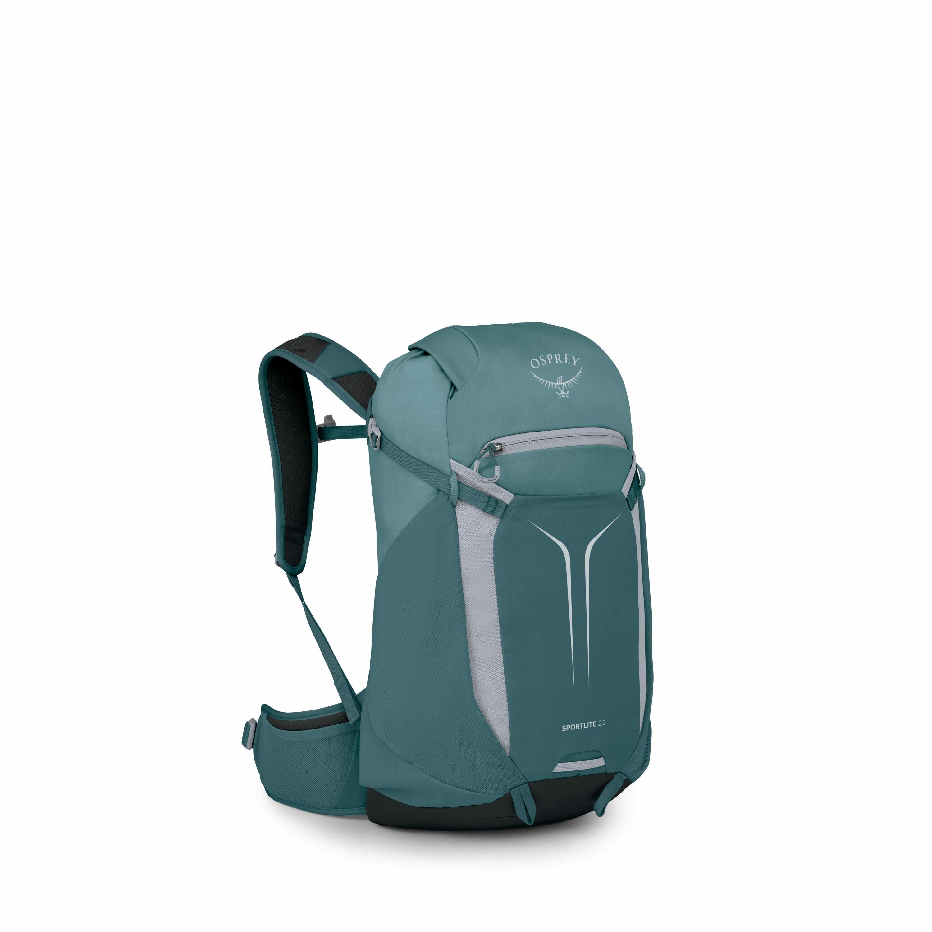 The image showcases a teal-colored Osprey backpack, labeled as the Sportlite 22. This backpack features a streamlined, modern design with gray accent panels and reflective elements on its front pocket. It includes adjustable shoulder straps, a chest strap