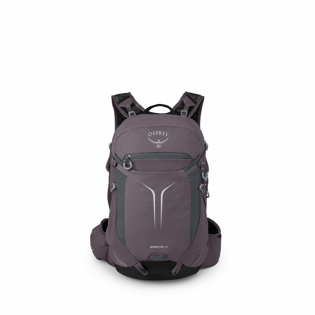 The image displays an Osprey backpack in a dark purple or gray color. The backpack has a sleek design with multiple compartments and adjustable straps, which are visible in the front view. The Osprey logo is prominently featured on the upper front part of