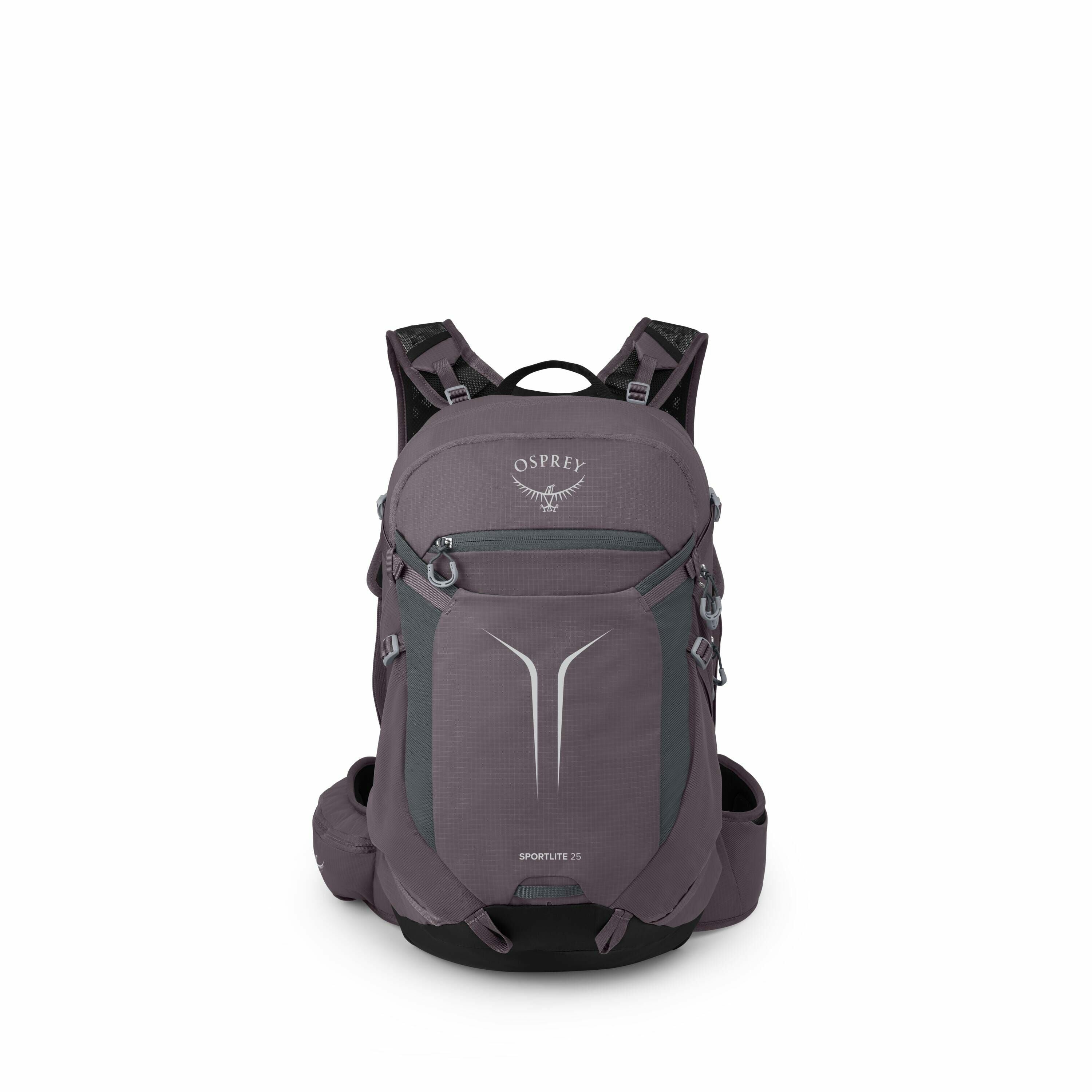 The image displays an Osprey backpack in a dark purple or gray color. The backpack has a sleek design with multiple compartments and adjustable straps, which are visible in the front view. The Osprey logo is prominently featured on the upper front part of